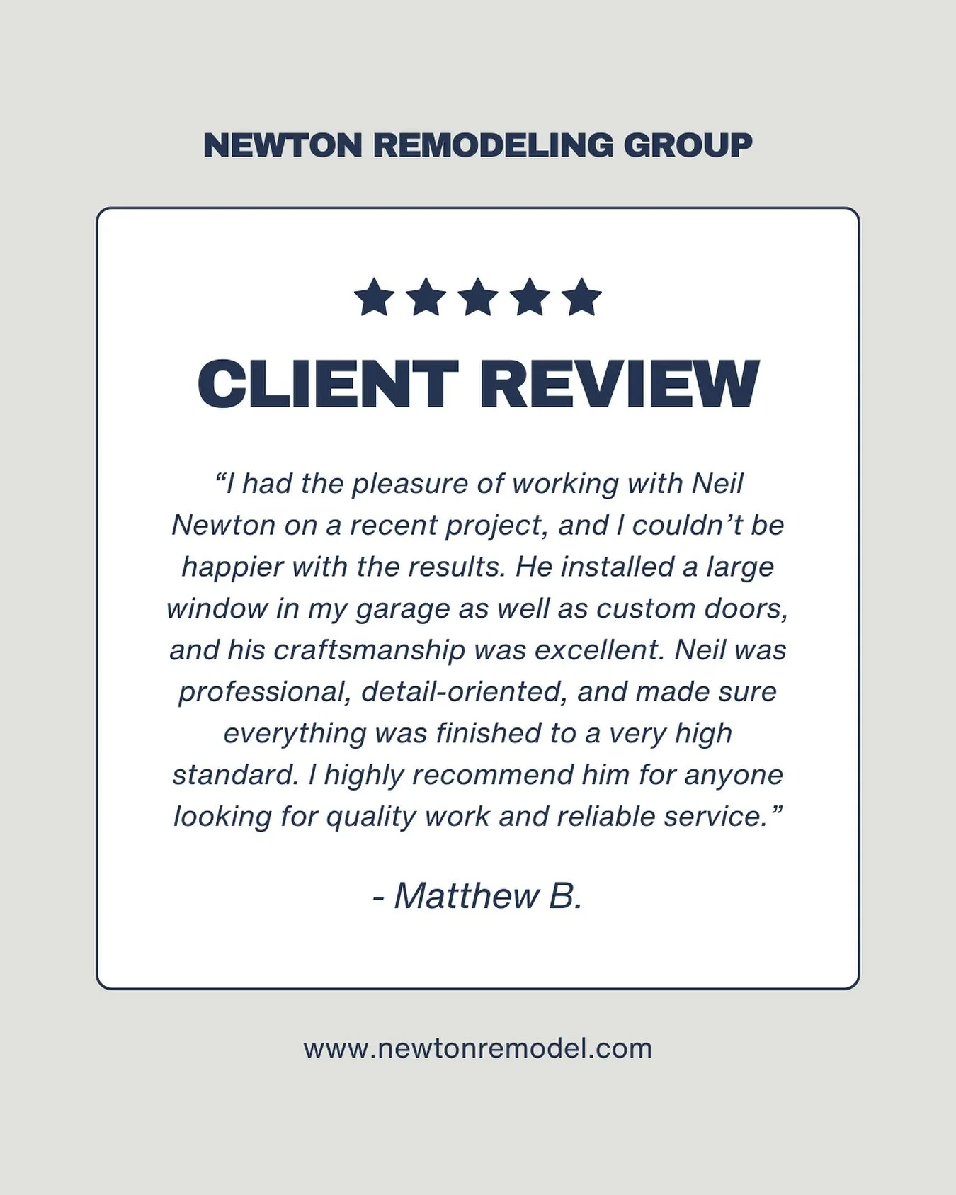 Review Spotlight
️⭐️⭐️⭐️⭐️⭐️
We love hearing from our clients! Thank you for trusting Newton Remodeling Group with your home &mdash; it&rsquo;s always an honor to bring your vision to life.

Looking to start your remodel? Reach out today!

&nbsp;📧 n