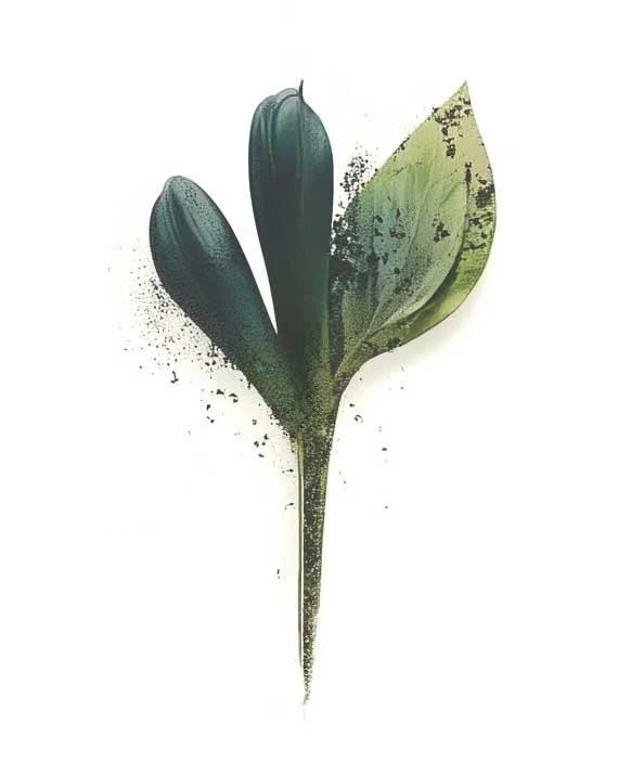 Abstract botanical art featuring stylized green leaves with speckled black accents on a white background.