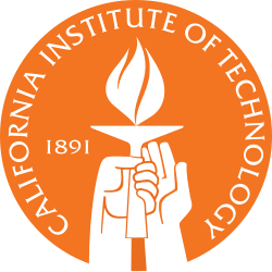 California Institute of Technology logo with a hand holding a torch in the center, surrounded by an orange circular border with the institution's name and founding year 1891.