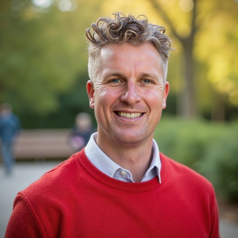 A smiling man in a red sweater and white collared shirt outdoors, with blurred trees and people in the background.