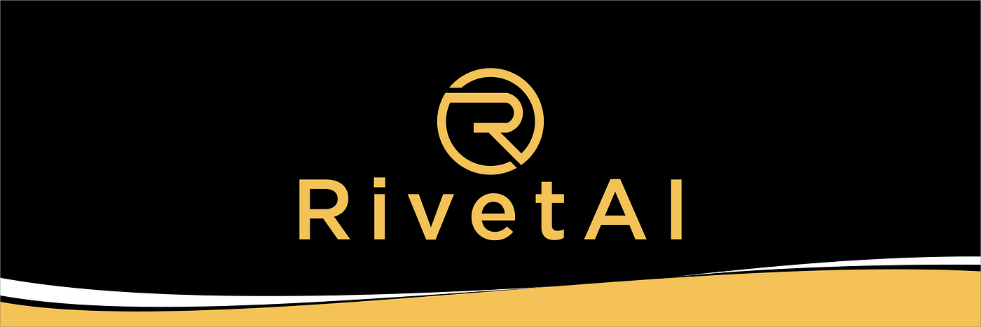 Logo of Rivetal with a stylized 'R' inside a circle, gold text on a black background with gold and white wave design at the bottom.