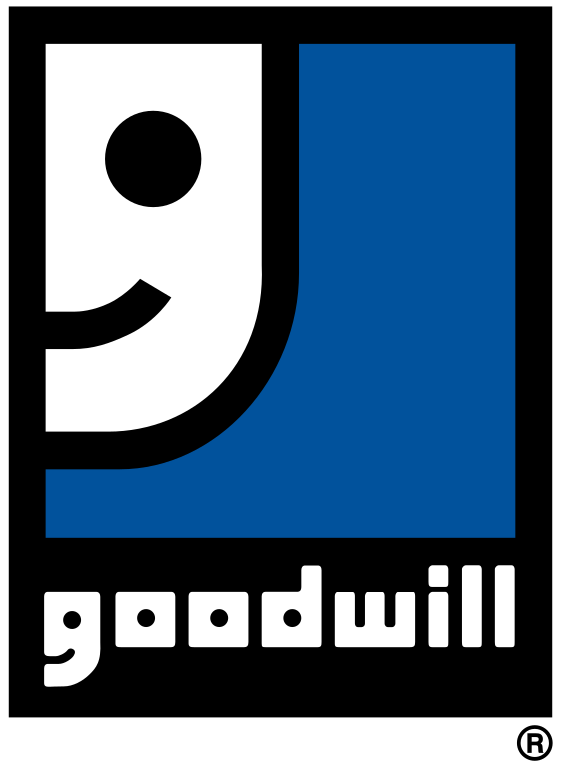 Logo with a smiling face, a blue square, and the word "goodwill" in lowercase letters.