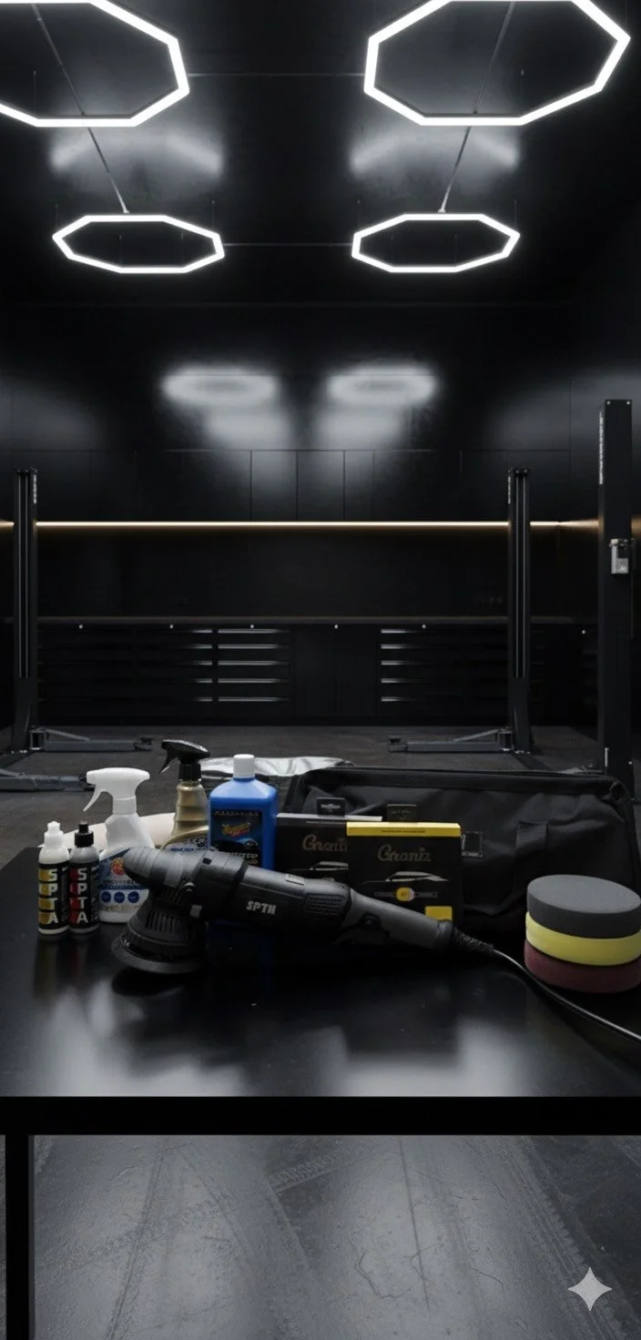 Cleaning and polishing supplies, including spray bottles, a power buffer, and foam pads, arranged on a black table in front of a dark, modern interior with hexagonal light fixtures on the ceiling.