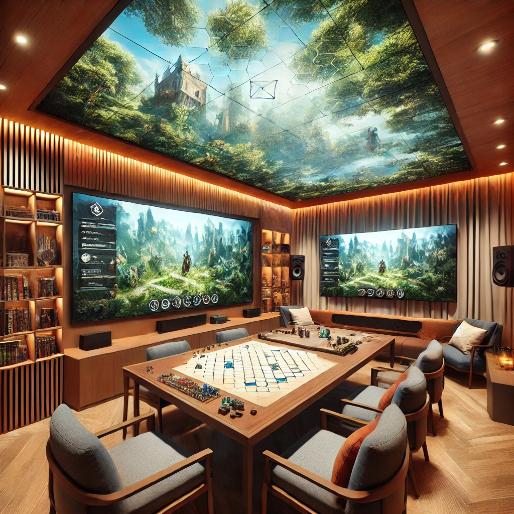 A luxurious gaming room with a large wooden table featuring a board game and miniature figures. Two big screens on the wall show a fantasy video game interface. Shelves with books and gaming items surround the room. The ceiling displays an artwork of a castle in a forest, creating a mystical atmosphere. Comfortable chairs are arranged around the table, and soft lighting adds a warm ambiance.