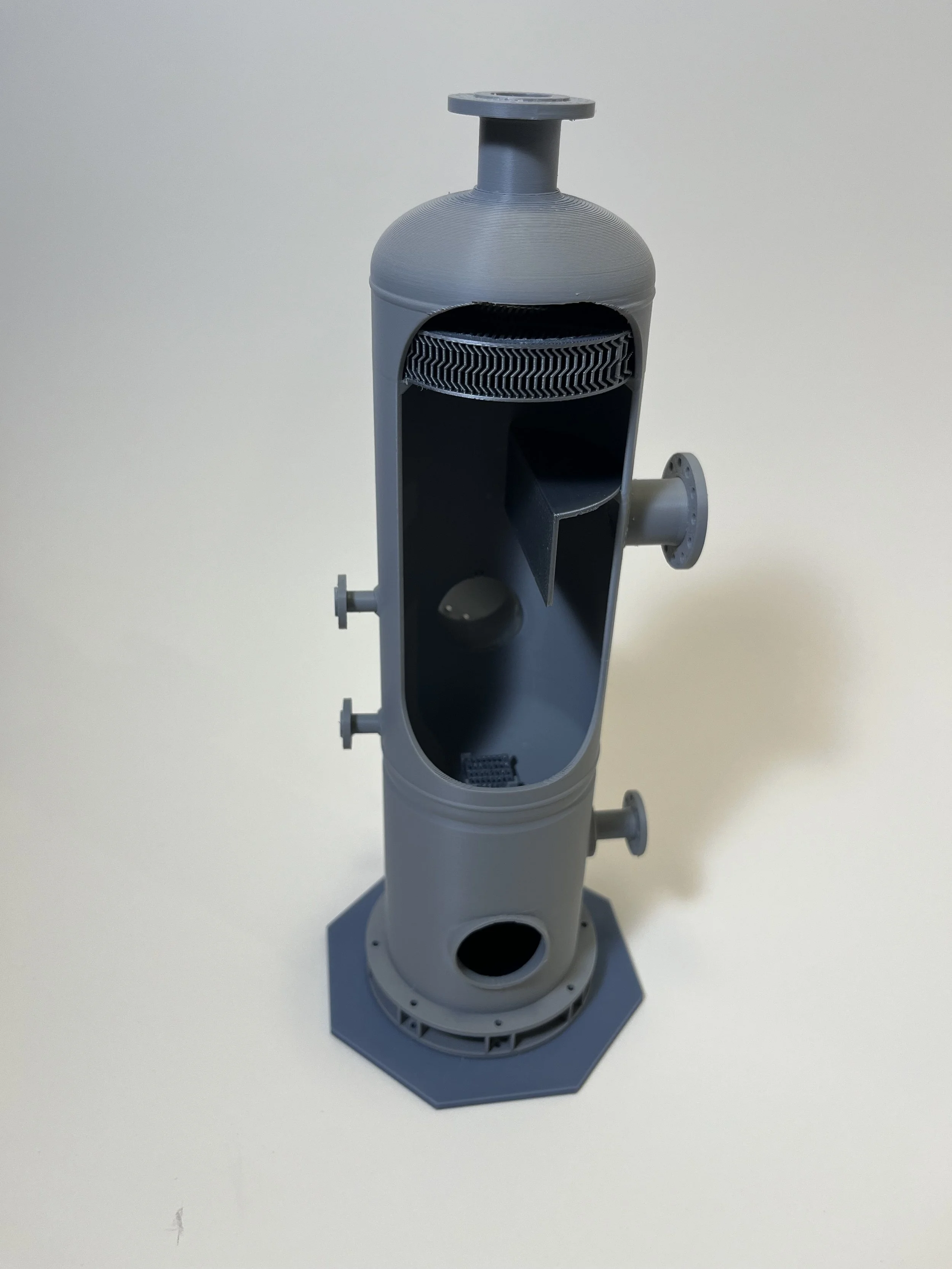 3D printed model of a vertical fuel gas KO drum type ASME pressure vessel