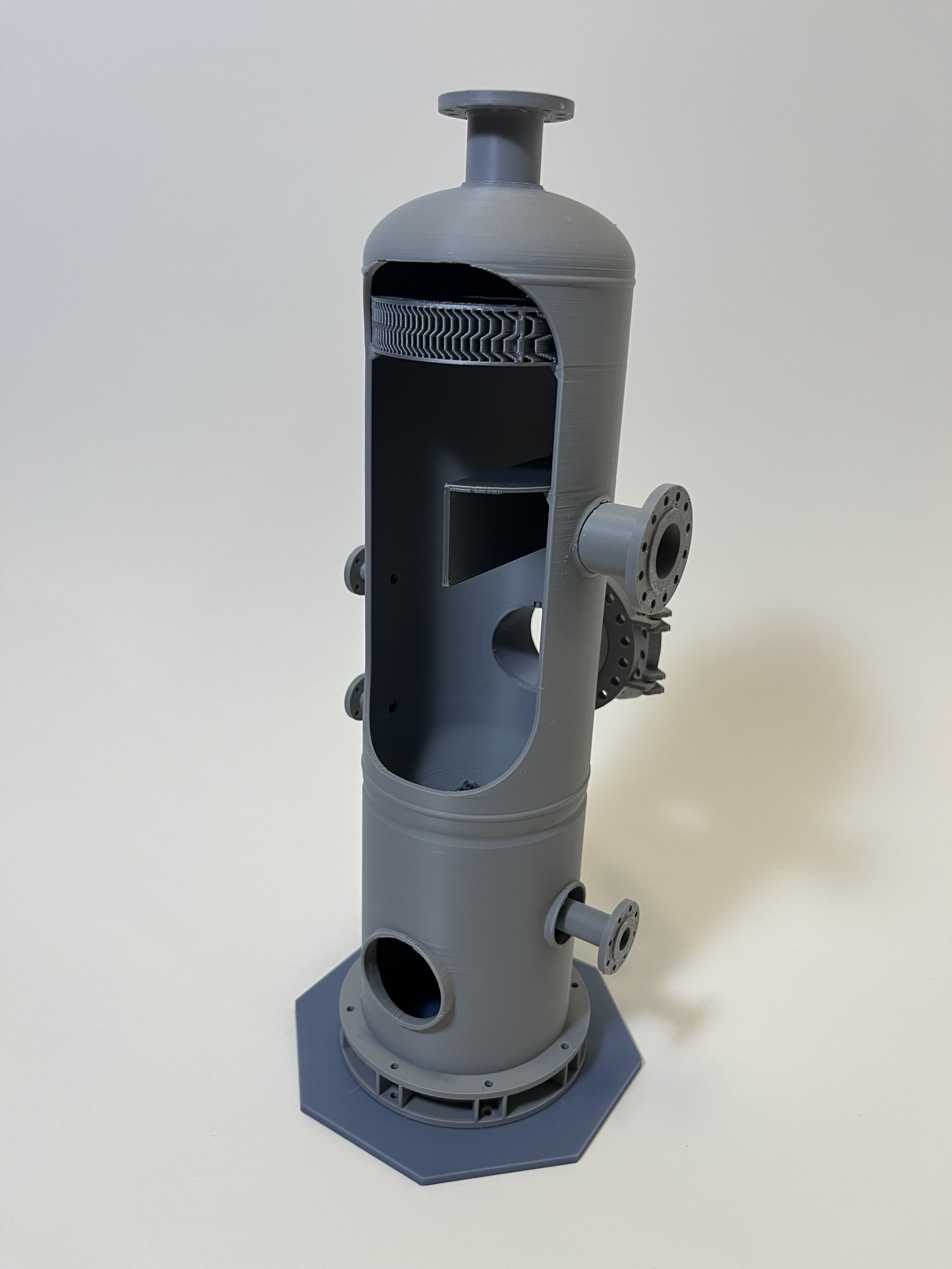 3D printed model of a vertical fuel gas KO drum type ASME pressure vessel