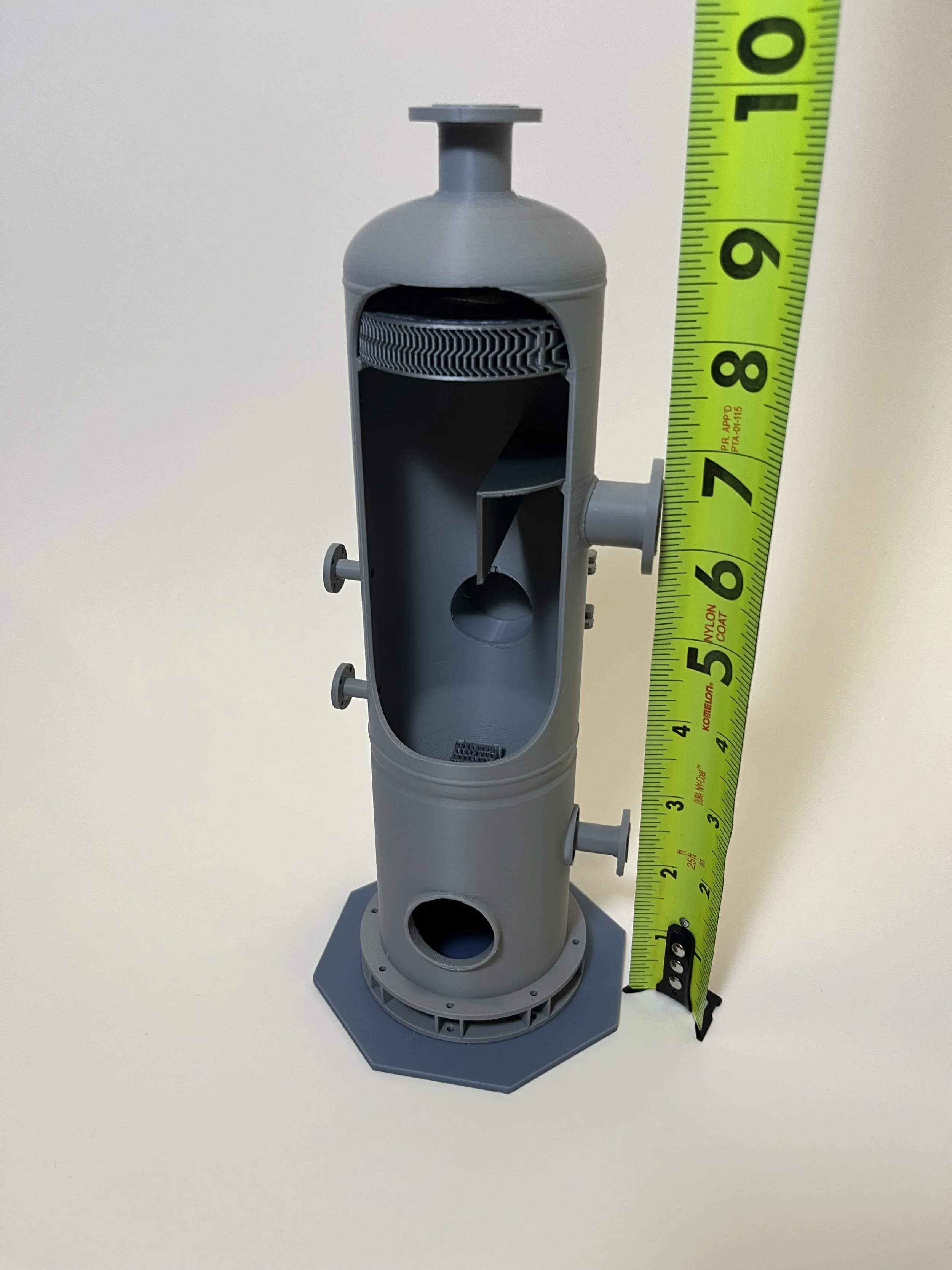 3D printed model of a vertical fuel gas KO drum type ASME pressure vessel