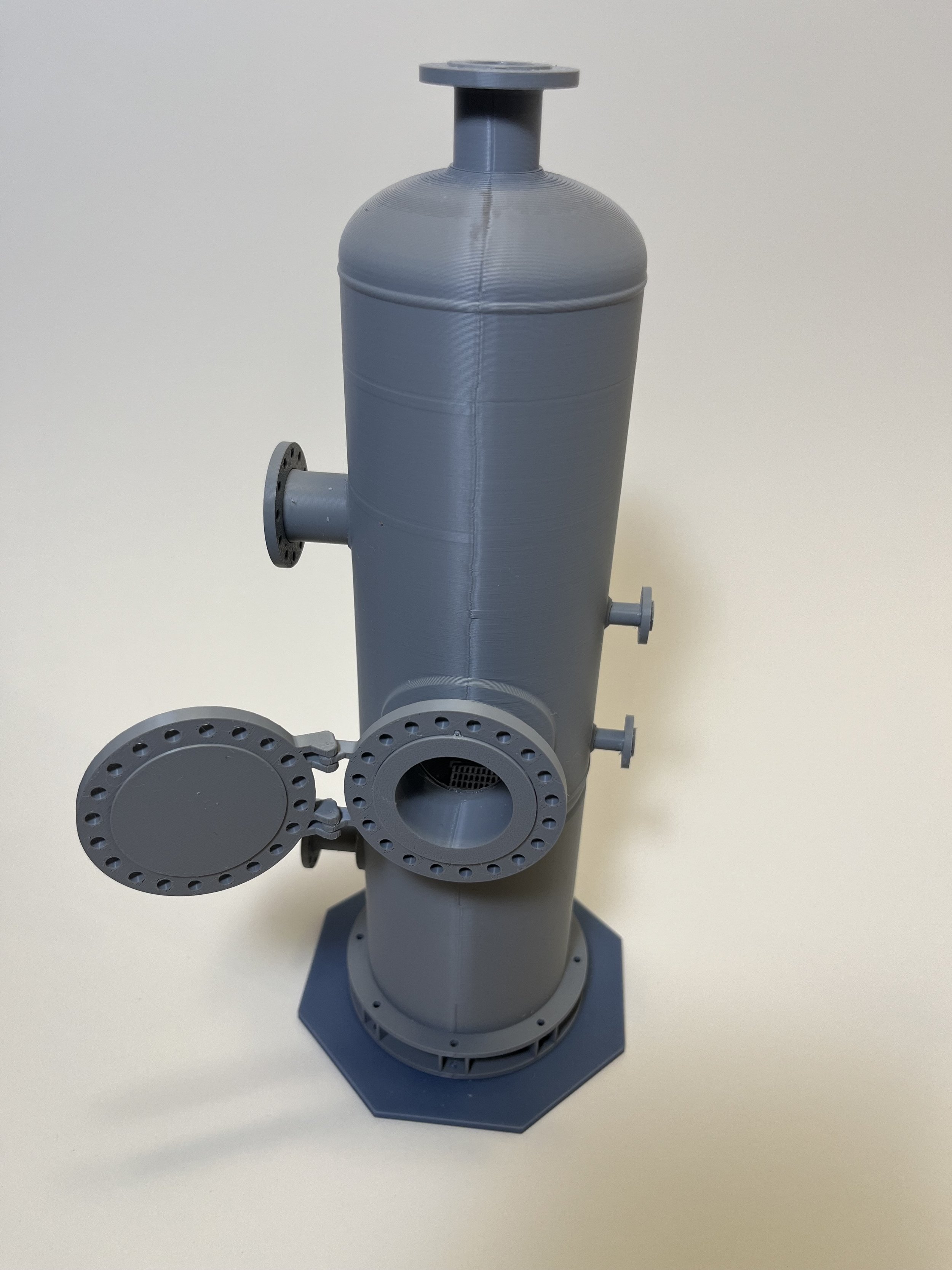 3D printed model of a vertical fuel gas KO drum type ASME pressure vessel