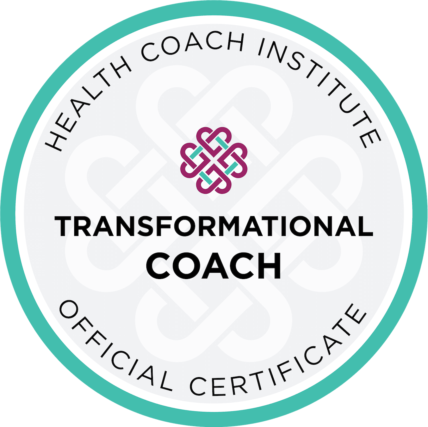 Seal with a teal border, white background, and black text reading "Health Coach Institute Official Certificate," with a central logo of interconnected purple and teal loops, and bold black text in the middle stating "Transformational Coach."