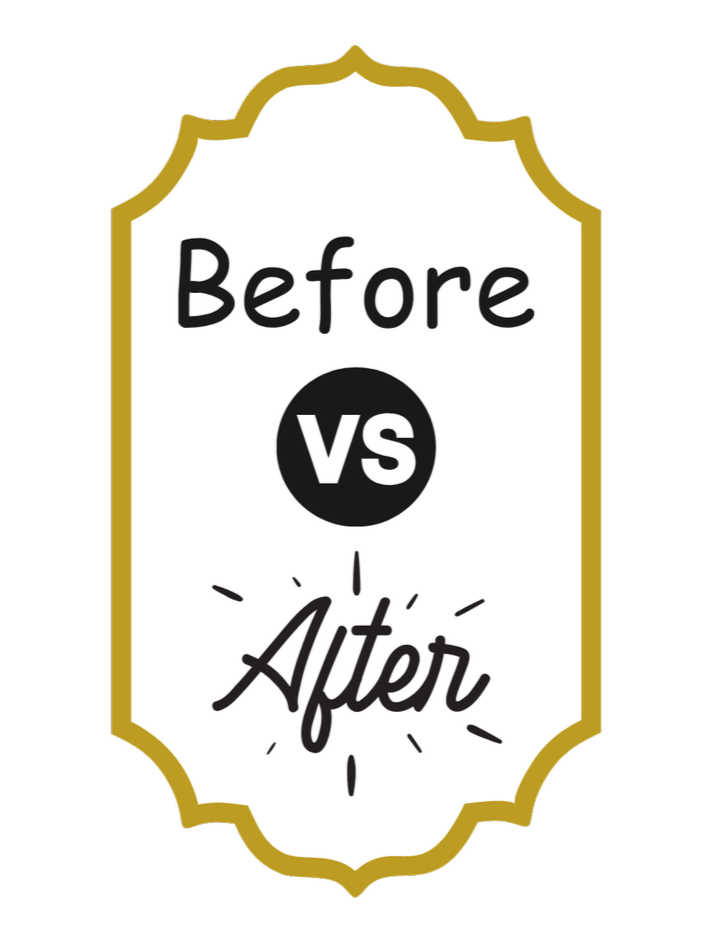 A decorative label with a gold border that reads 'Before vs After' in black and white text.