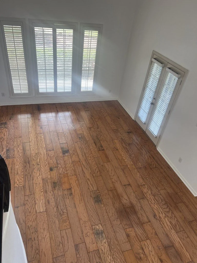 Hand-scraped wood floor in a living room