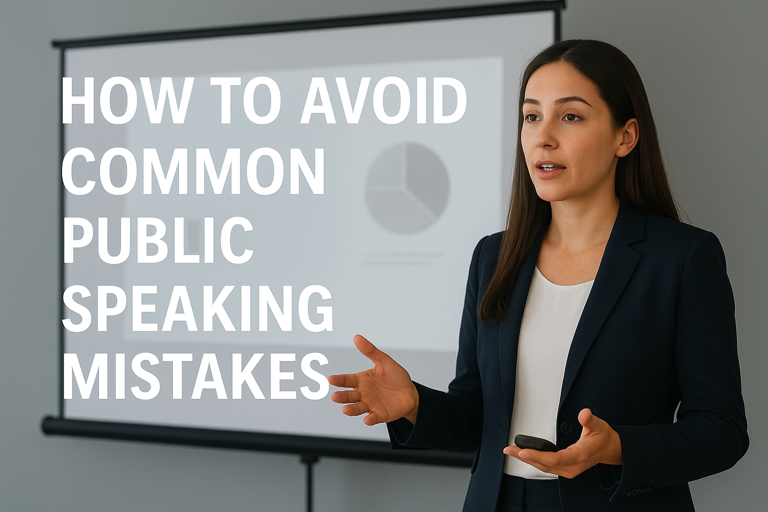 Yound woman in black suit delivering a presentation, with caption to her left hand side of how to avoid common public speaking mistakes