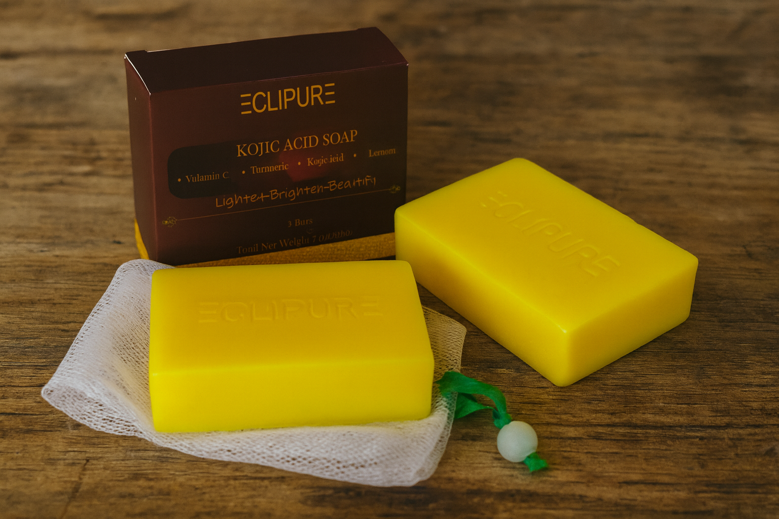 Yellow soap bars with embossed text, one resting on a white mesh cloth with a green string and white bead, and a red box labeled 'Eclipure Kojic Acid Soap' in the background.