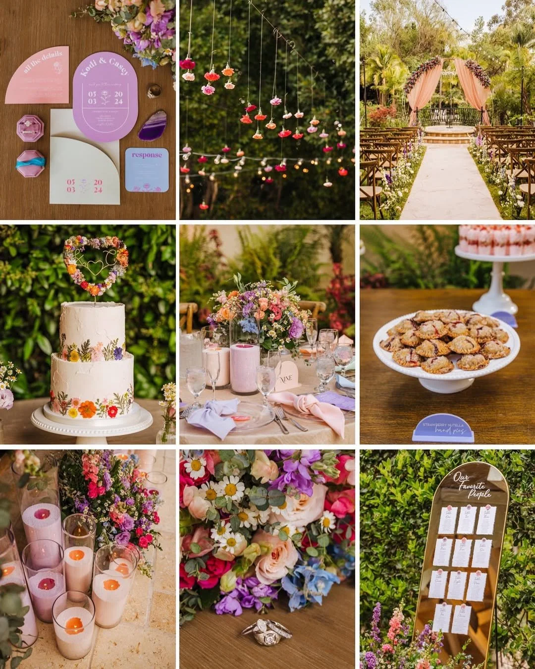A photo collage of details from a Moorpark Wedding in Ventura county. Pastel Colored invitation suite, hanging flowers, flower arch with pink draping and guest chairs, wedding cake with dried flowers, guest table centerpiece with pastel candles