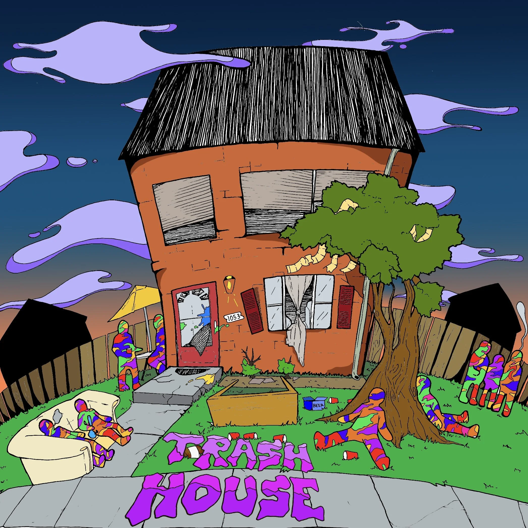 A house with a broken window, a mailbox with colorful decorations, and a painted path spelling out 'HOUSE' on the sidewalk, surrounded by purple and green plants, with a large tree and graffiti-covered fence in the yard.