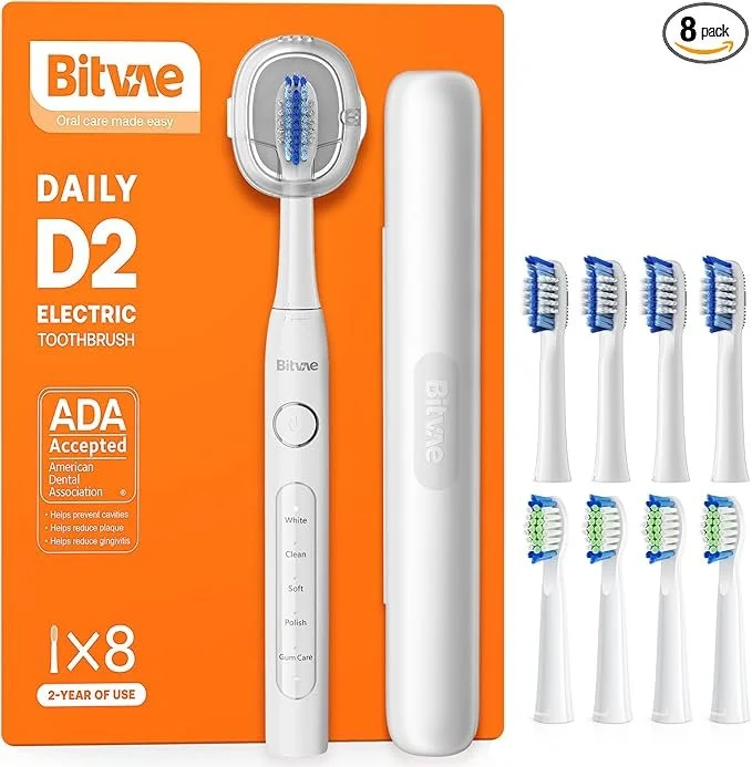 SAVE 35% - Bitvae Ultrasonic Electric Rechargeable Toothbrush. 60-day battery. 8 heads. Case (4.4 rating, 13k+ reviews)