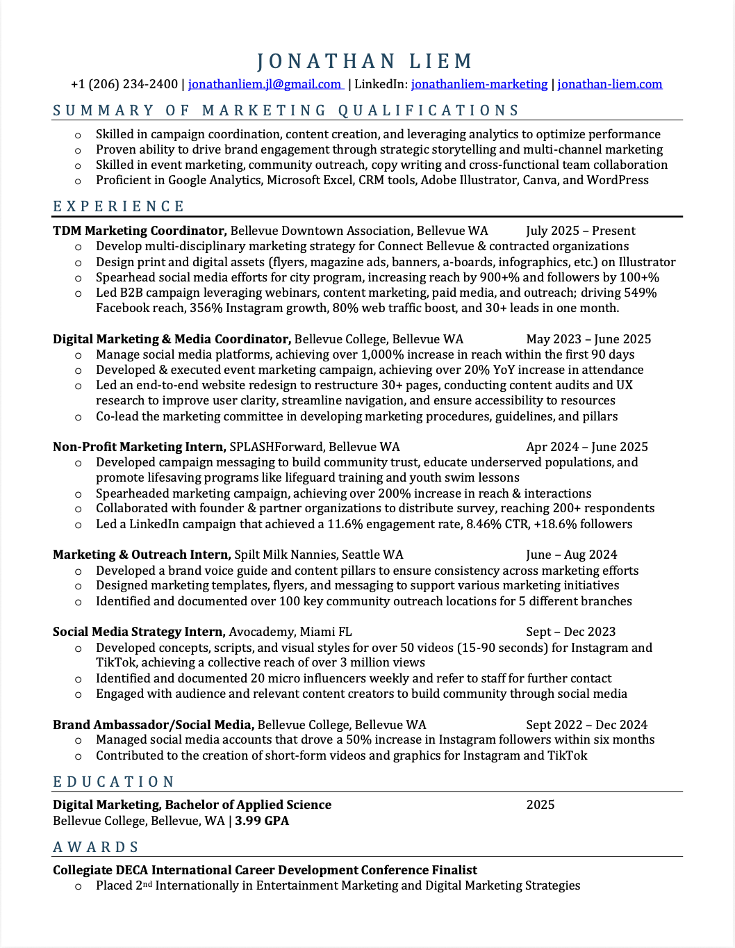 Resume of Jonathan Liem with contact information, marketing qualifications summary, experience, education, awards, and certifications.