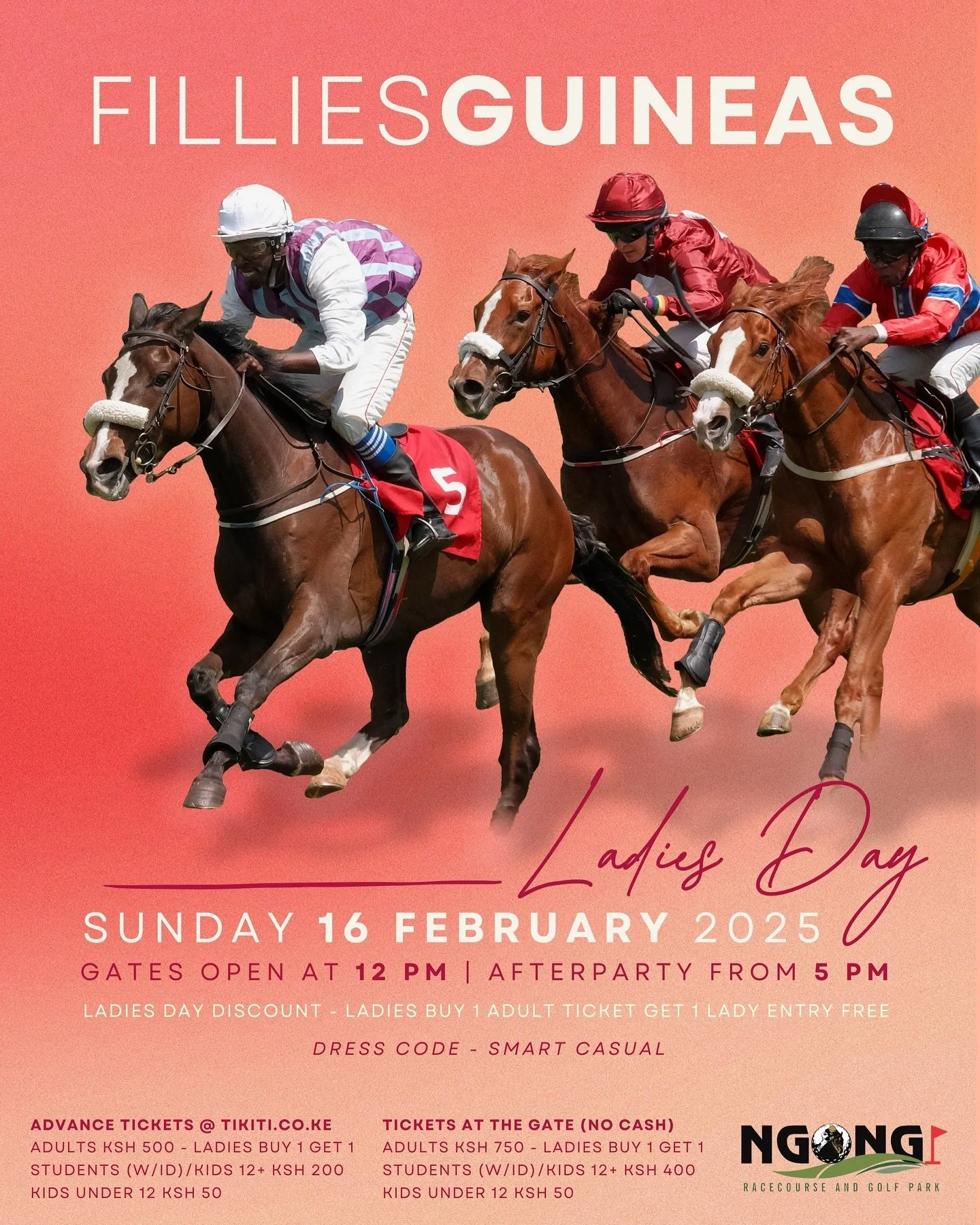 The Kenya Fillies Guineas Ladies Day is on Sunday, 16 February, 2025 from 12 PM at Ngong Racecourse.

Come for a celebration of racing fillies and enjoy a special Ladies Day featuring tantalizing food and drink, a curated pop-up market, family-friend