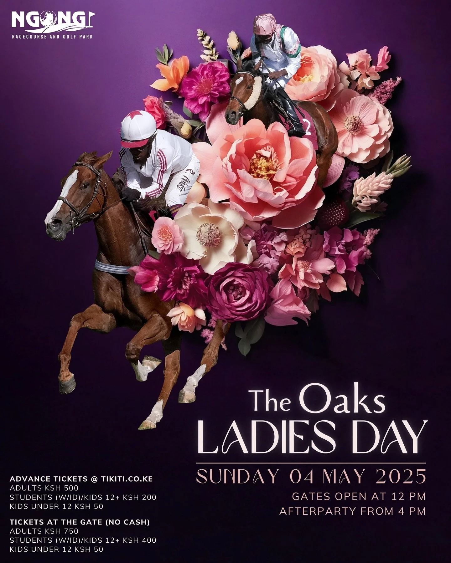 The Oaks race day is on Sunday, 04 May, 2025 from 12 PM at Ngong Racecourse. Ticket link in bio.

Celebrate ~Ladies Day~ in style during an afternoon of exciting horse racing, tantalising food and drink, a curated pop-up market, and family-friendly e