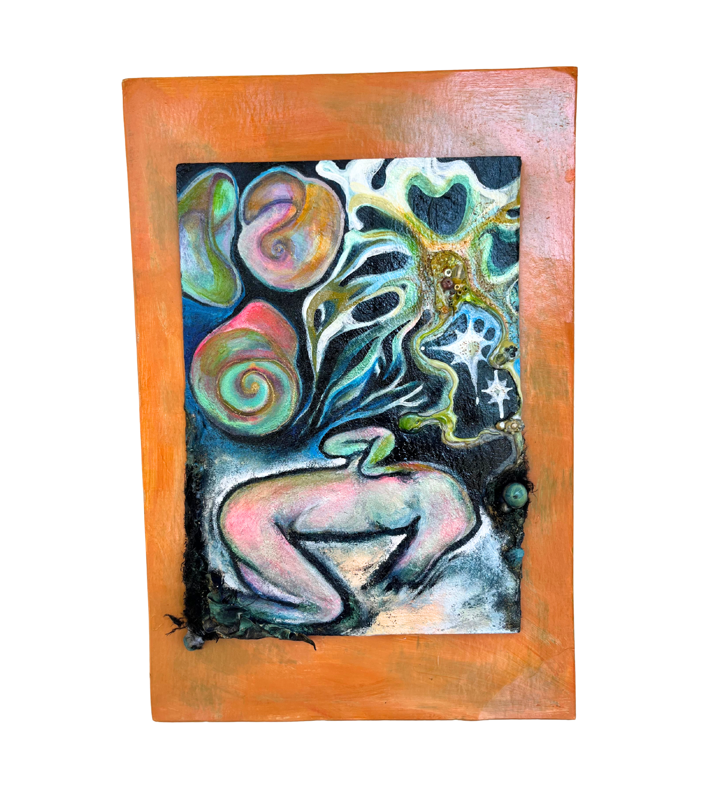 A colorful abstract painting featuring a smiling figure with swirls, stars, and organic shapes emanating from its head, framed by an orange border.