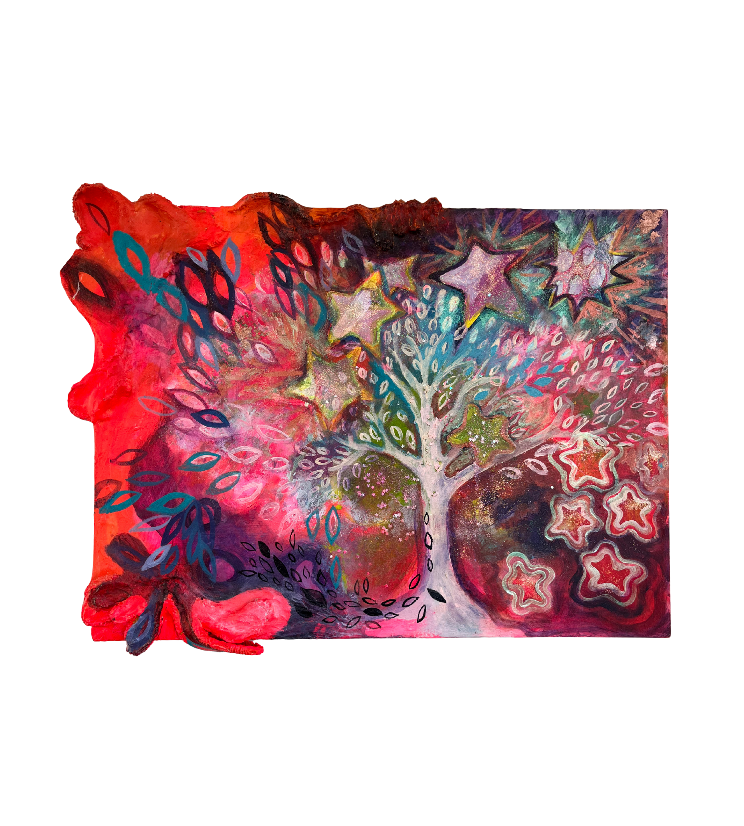 Colorful abstract painting of a tree with stars as leaves, surrounded by swirling patterns in shades of red, pink, purple, blue, and white.