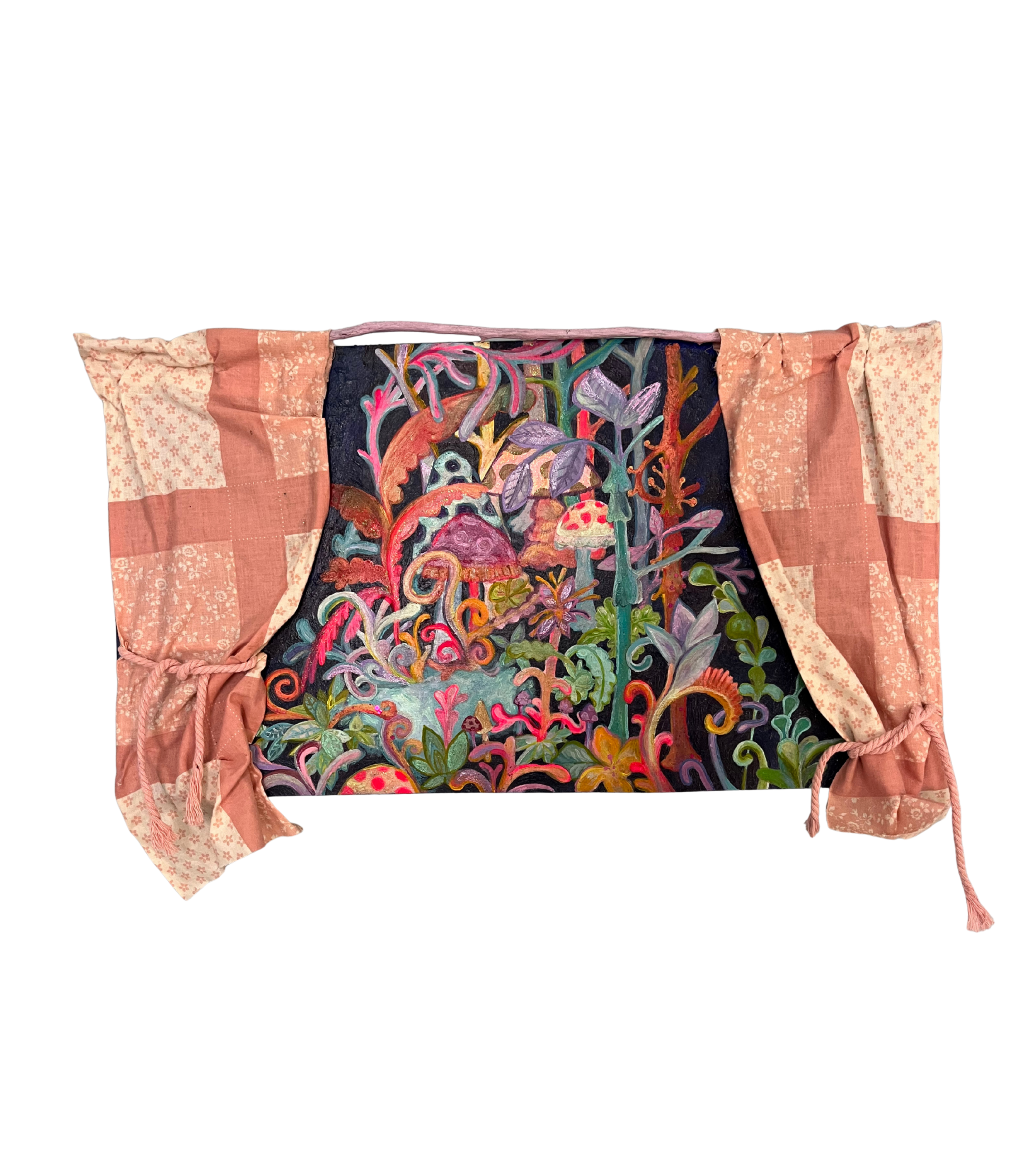 A colorful, whimsical forest scene painted on fabric, framed by pinkish-orange patchwork curtains tied with strings.