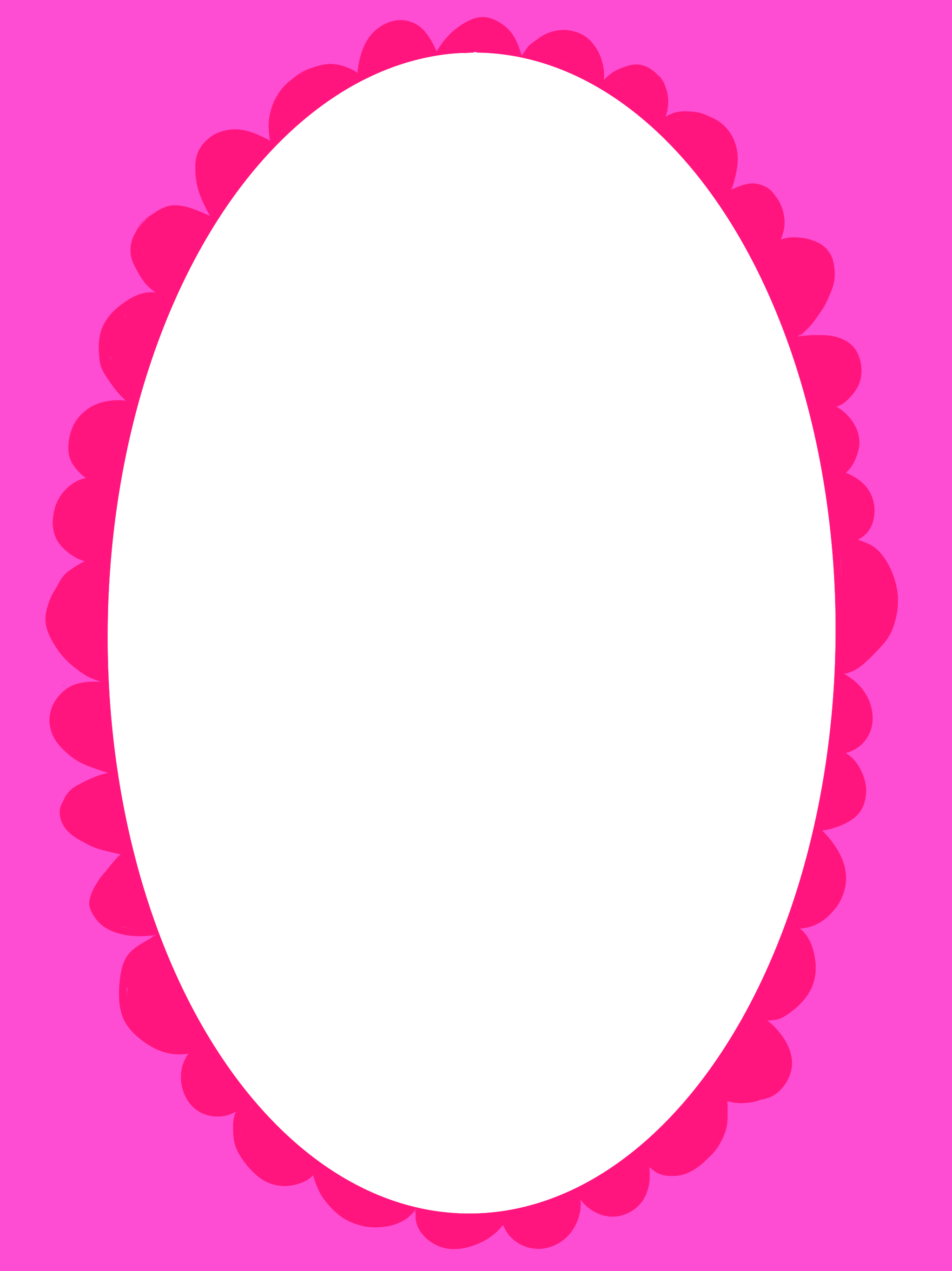 Pink background with a black oval shape surrounded by pink scalloped border.