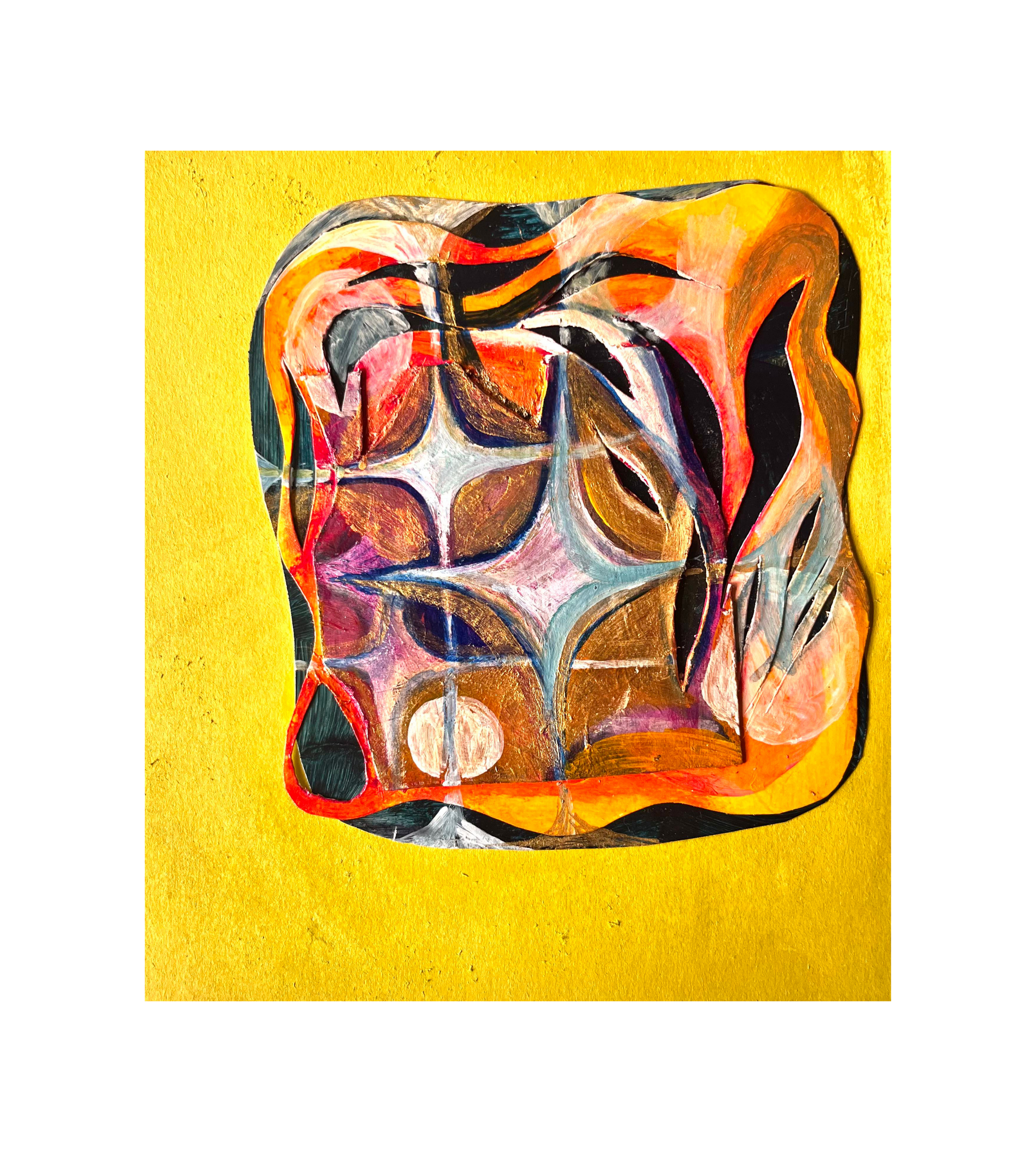 Abstract painting with geometric shapes and bold colors, including red, orange, pink, and black, on a yellow background.