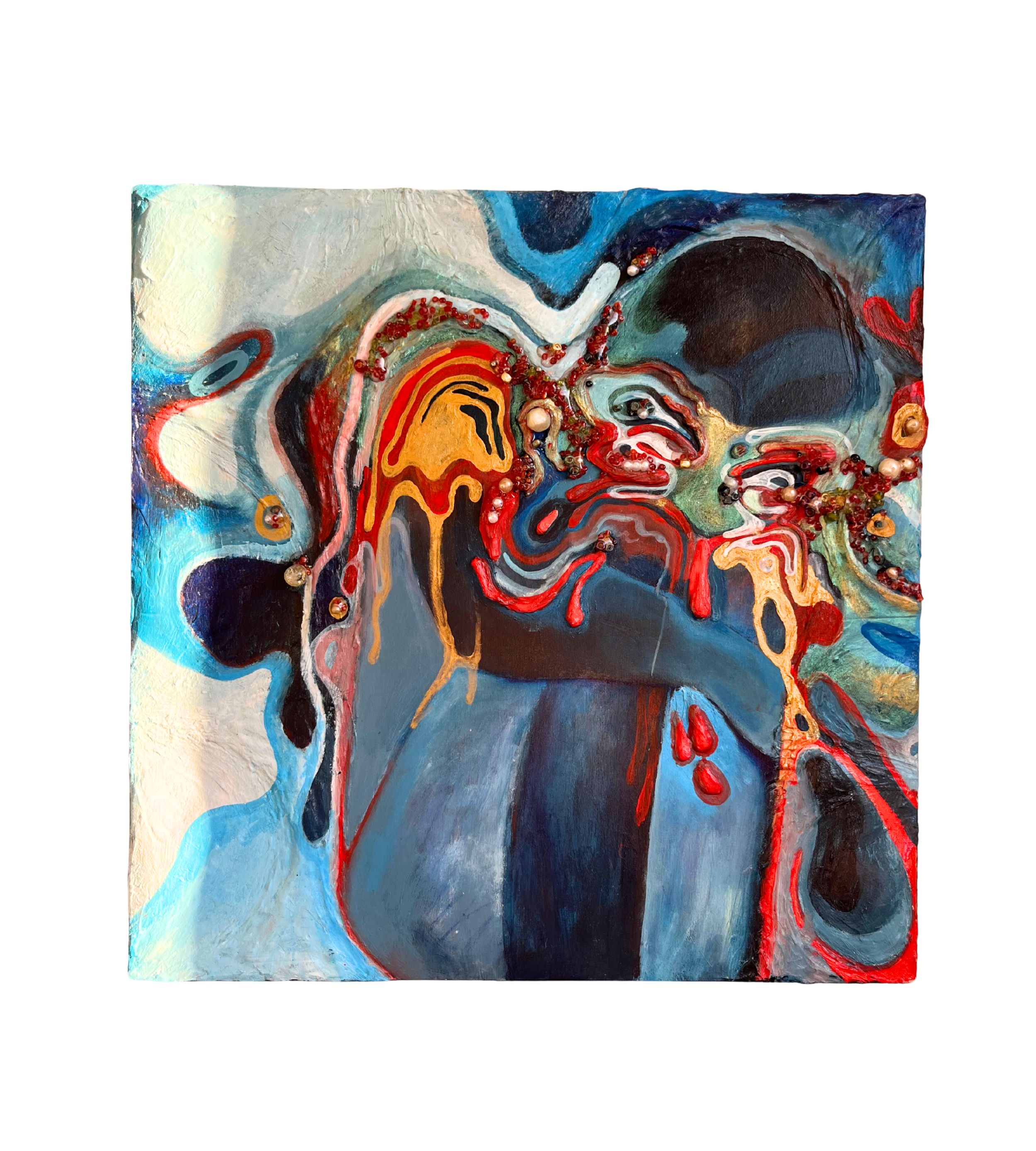 Abstract colorful painting with swirling patterns, prominent red, black, gold, and blue hues, and textured beads and embellishments.