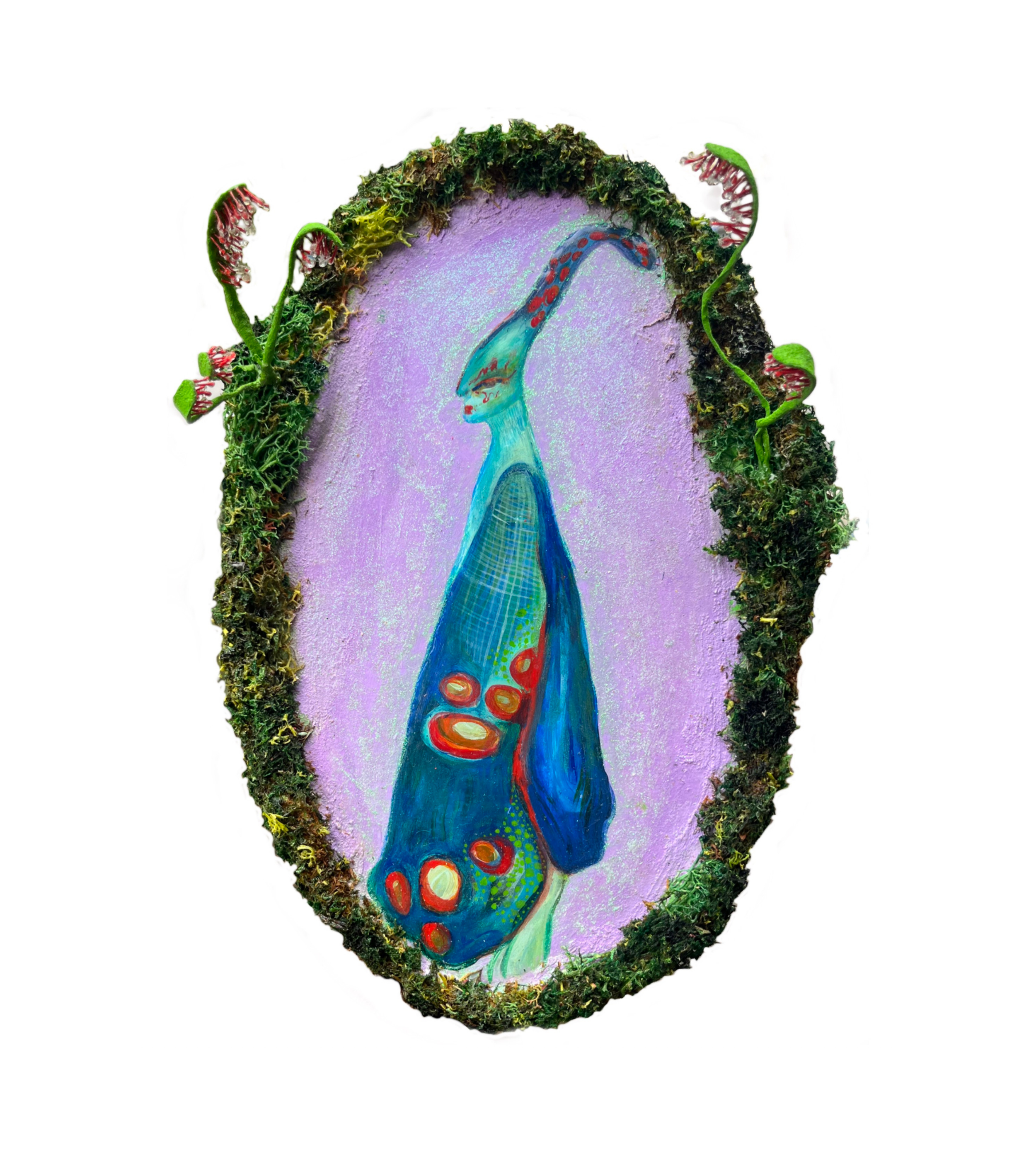 A colorful, abstract painting of a peacock with an elongated neck and vibrant tail, framed by moss and small plants on a white background.