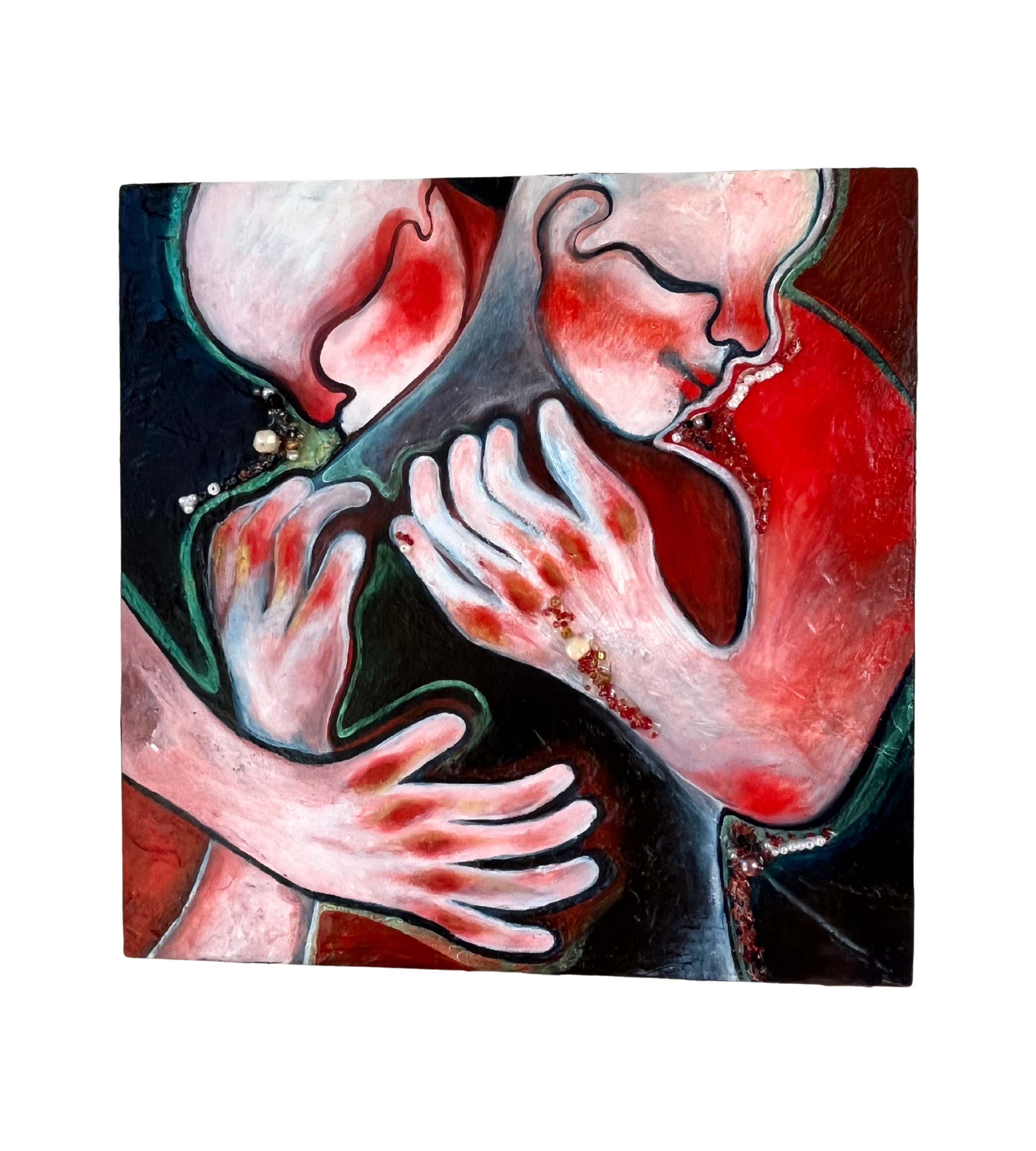 Painting of a couple embracing and about to kiss, with red, black, white, and green colors.