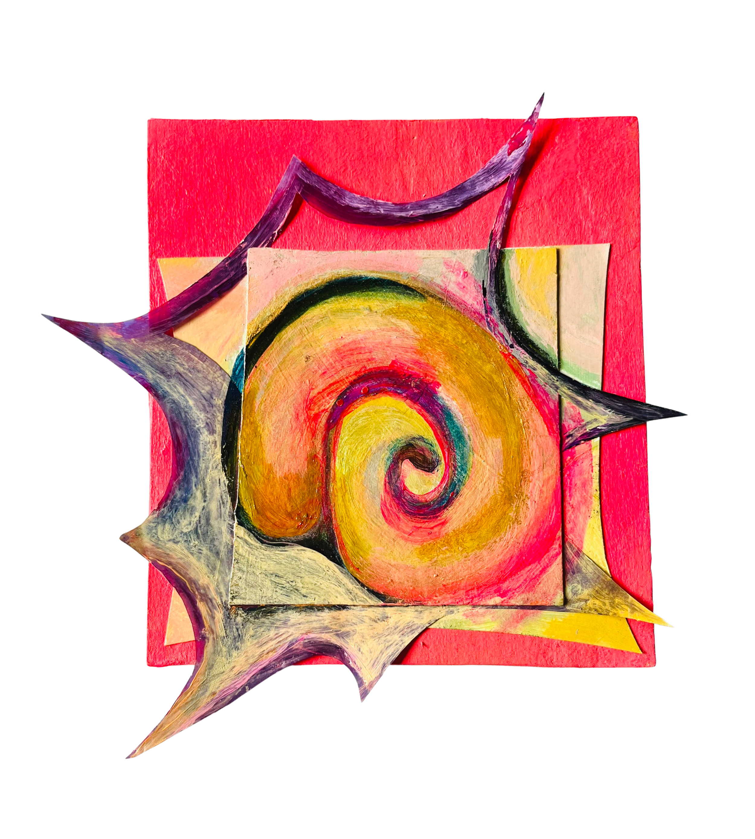 Abstract colorful spiral painting with layered paper and textured elements, featuring a red and pink background.