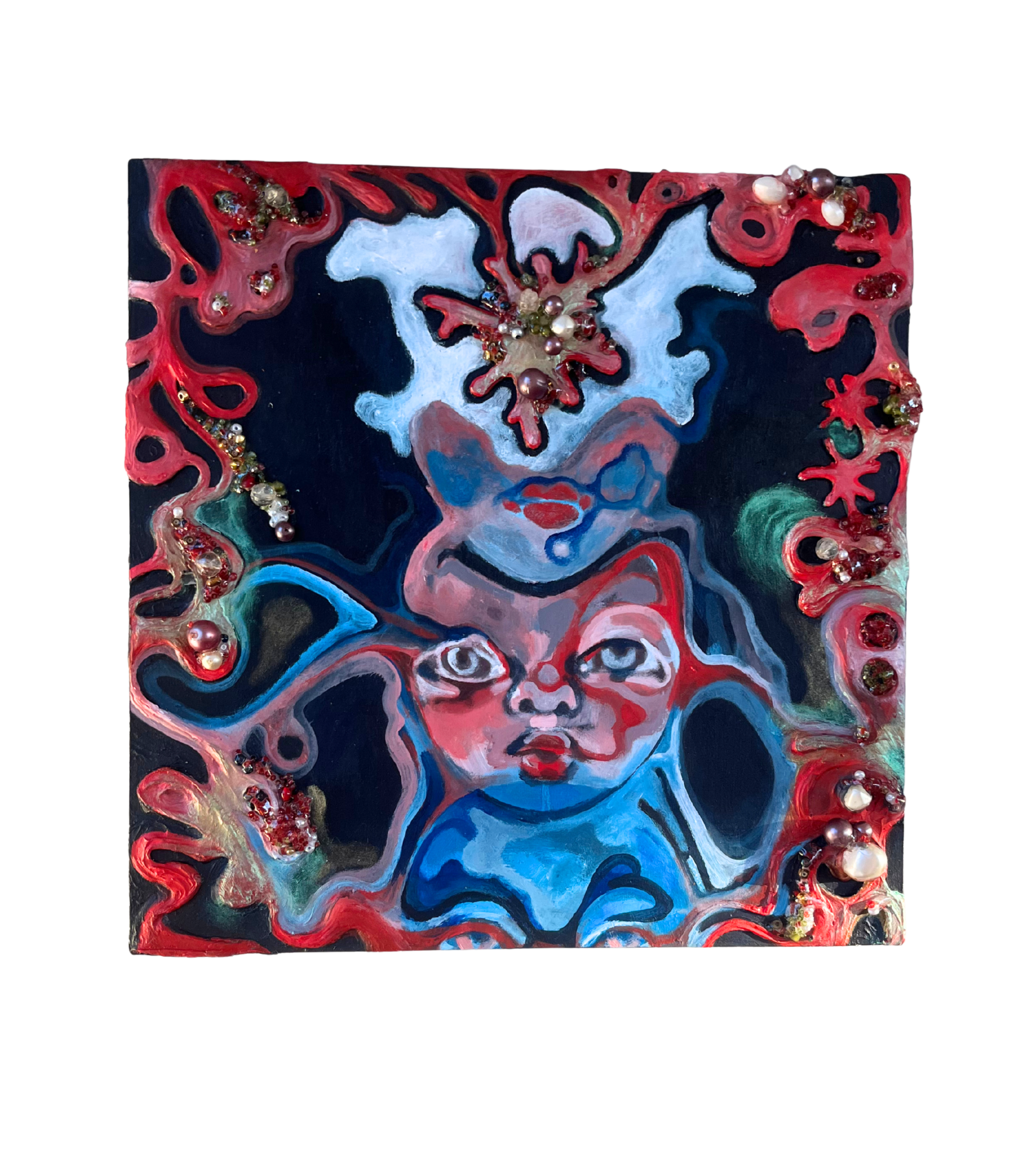 An abstract painting featuring human faces with blue, pink, and white tones, surrounded by swirling red and black shapes decorated with beads and pearls.