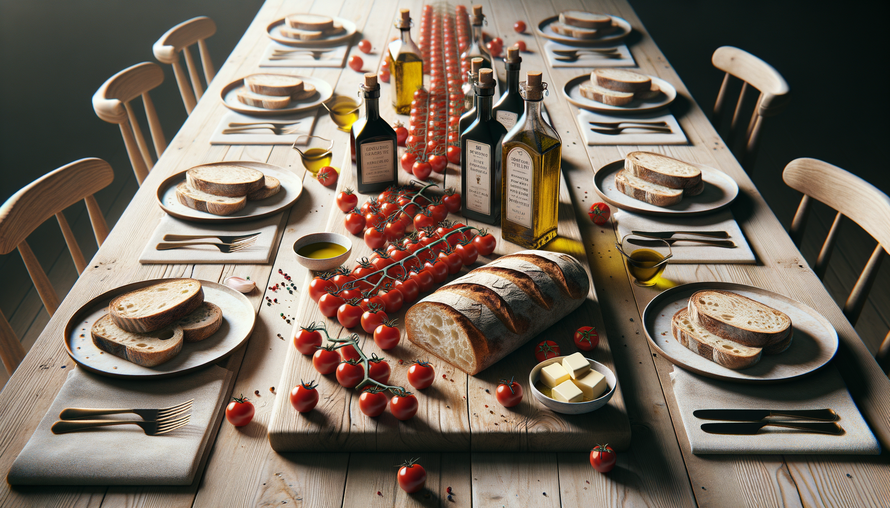 A wooden dining table set with plates of sliced bread, forks, napkins, olive oil, bottles, vine tomatoes, and a loaf of bread on a cutting board.