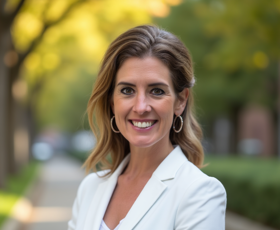 A woman with shoulder-length light brown hair smiling outdoors, wearing a white blazer and hoop earrings, with a blurred background of trees and a sidewalk.