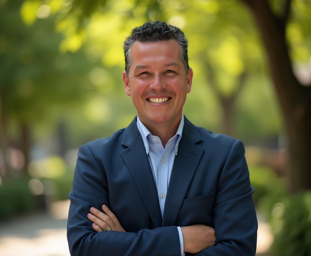 A smiling man in a navy business suit and light blue shirt standing outdoors with trees and sunlight in the background.