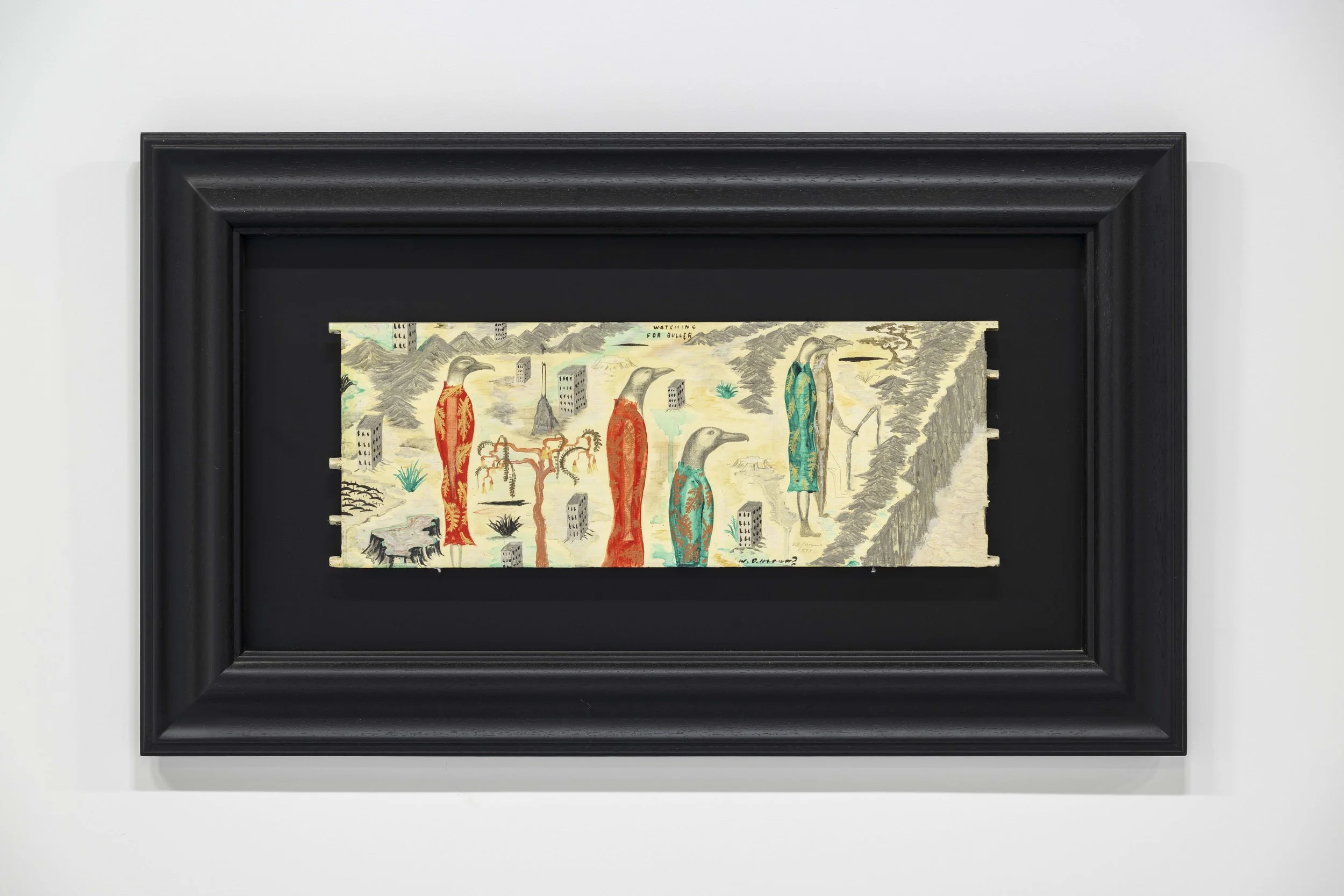 Bill Hammond, Watching for Buller, 2016. Acrylic and graphite on kauri panel, 
56 x 94 x 6 cm.