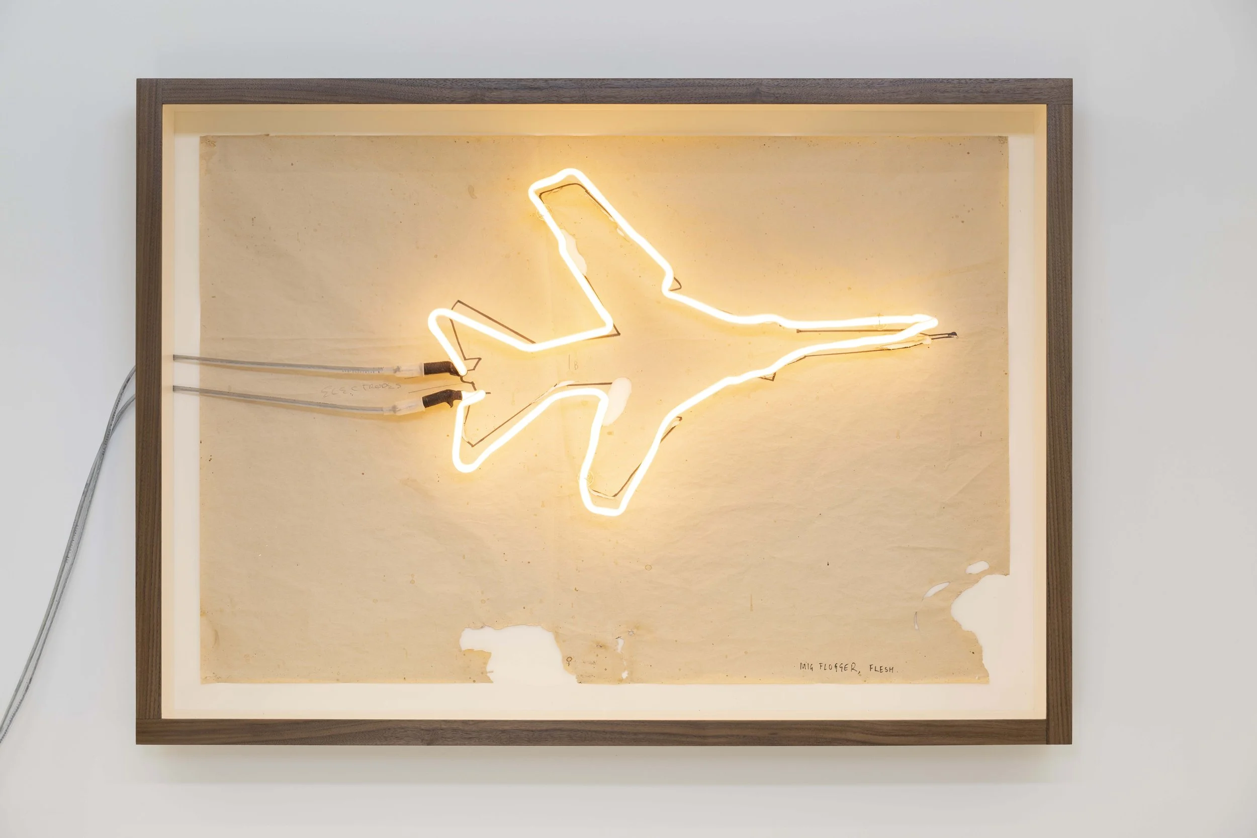 Fiona Banner, Mig Flogger, 2007. Flesh pink neon, paper and graphite, 64 x 94 x 5 cm.