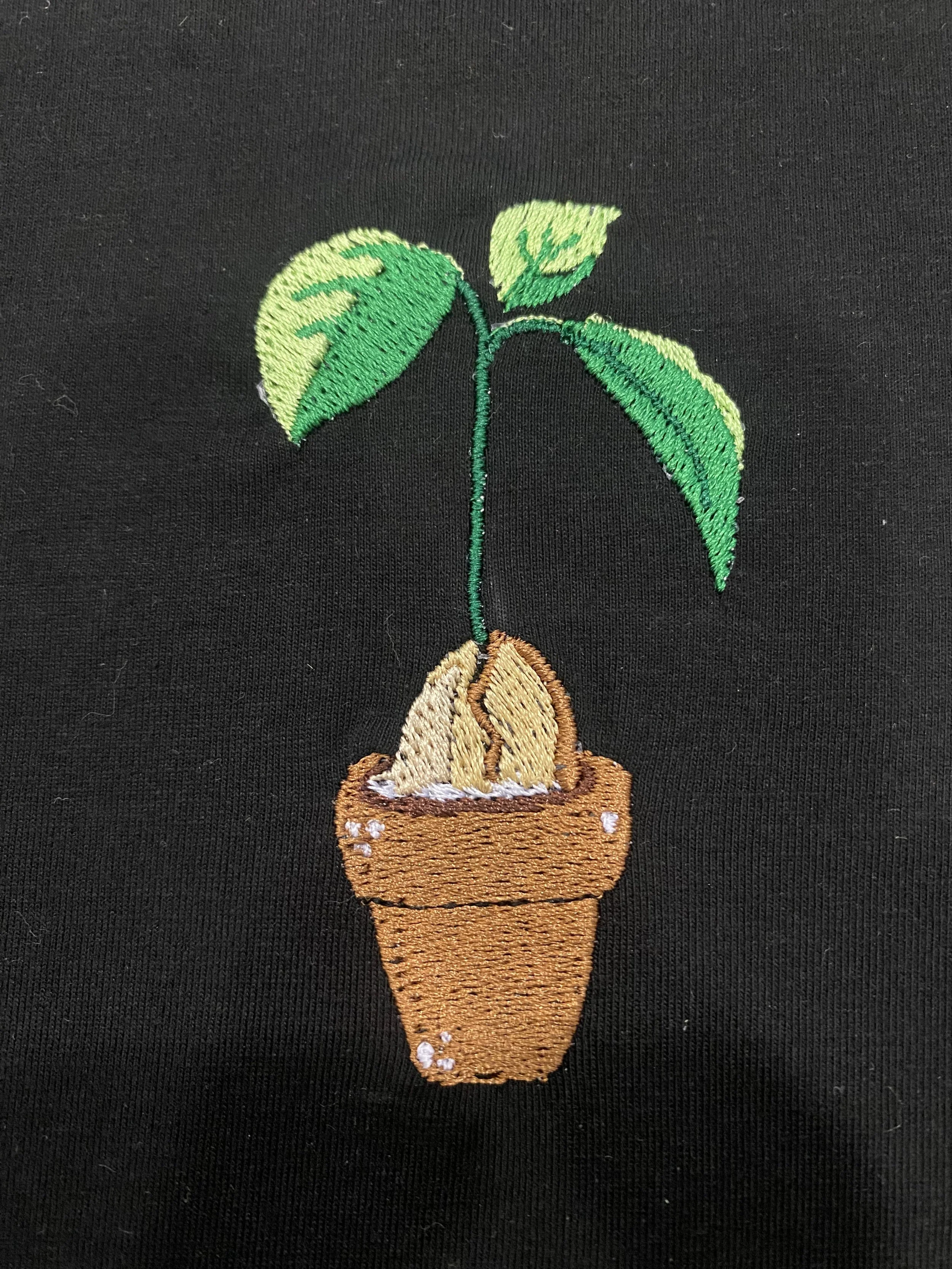 Ricamo di una piantina con due foglie verdi in un vaso di terracotta