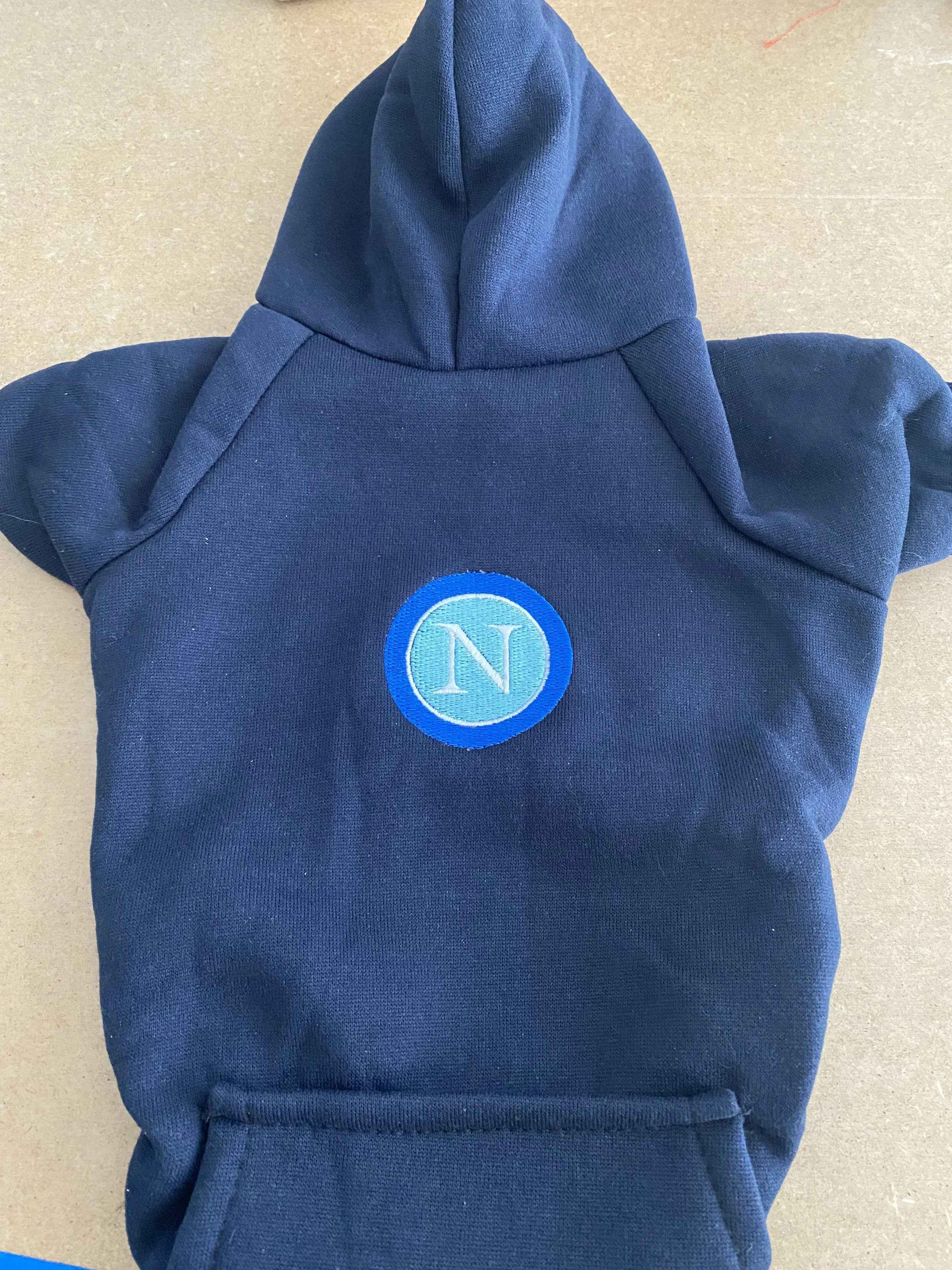 Felpa blu con cappuccio e logo con la lettera N al centro.