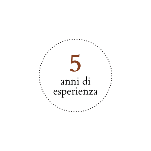 Cerchio bianco con scritto '5 anni di esperienza' con sfondo nero.