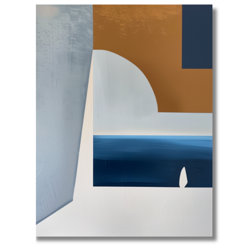 Abstraktes Gemälde mit geometrischen Formen in Blau, Braun, Grau und Weiß, zeigt eine Meer- und Himmelsszene mit einem Segelschiff im Wasser.