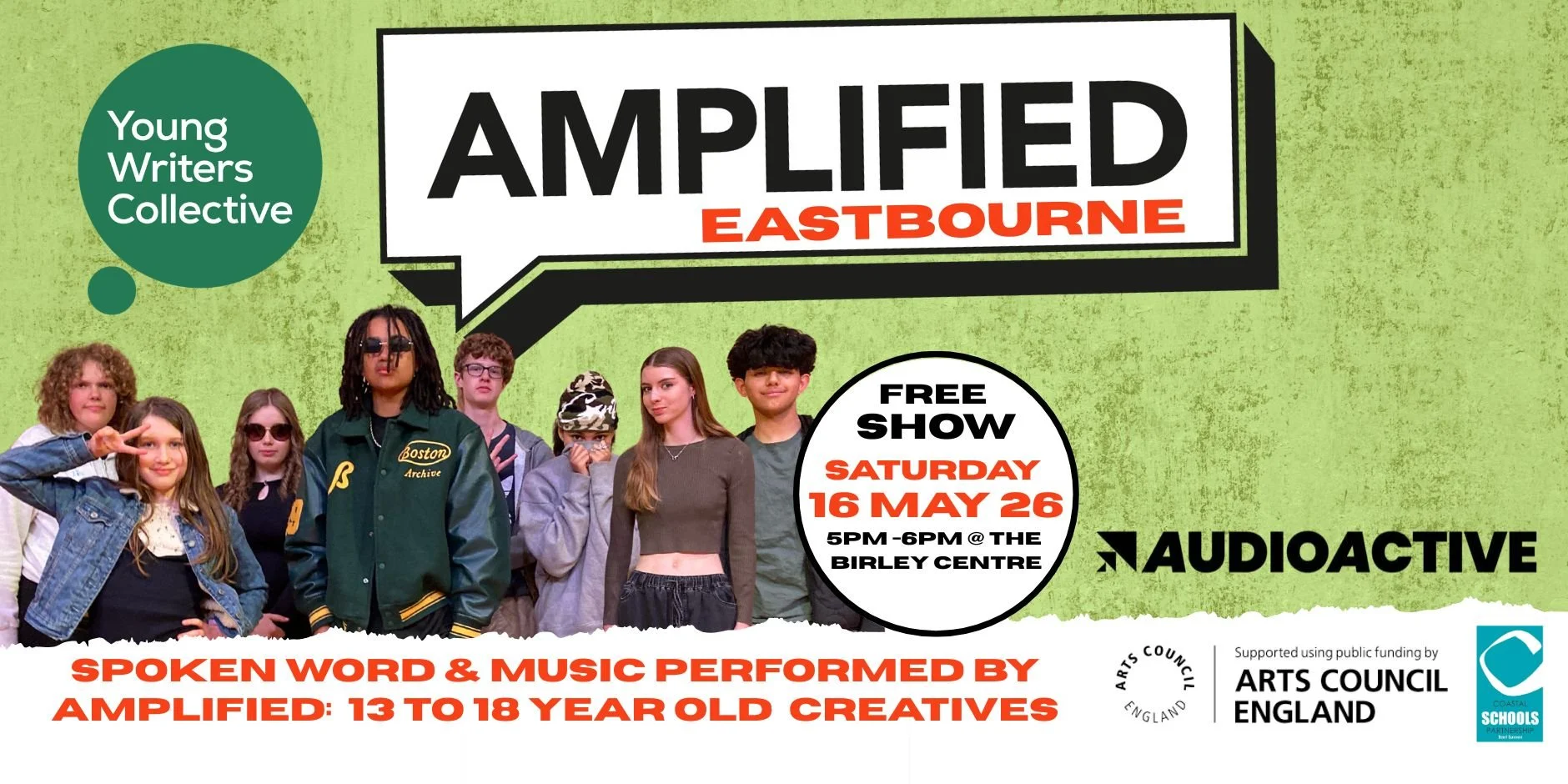 Flyer promoting Amplified Eastbourne performance with a photo of a group of 8 young people, aged between 13-18 are lined up to face the viewer. The text