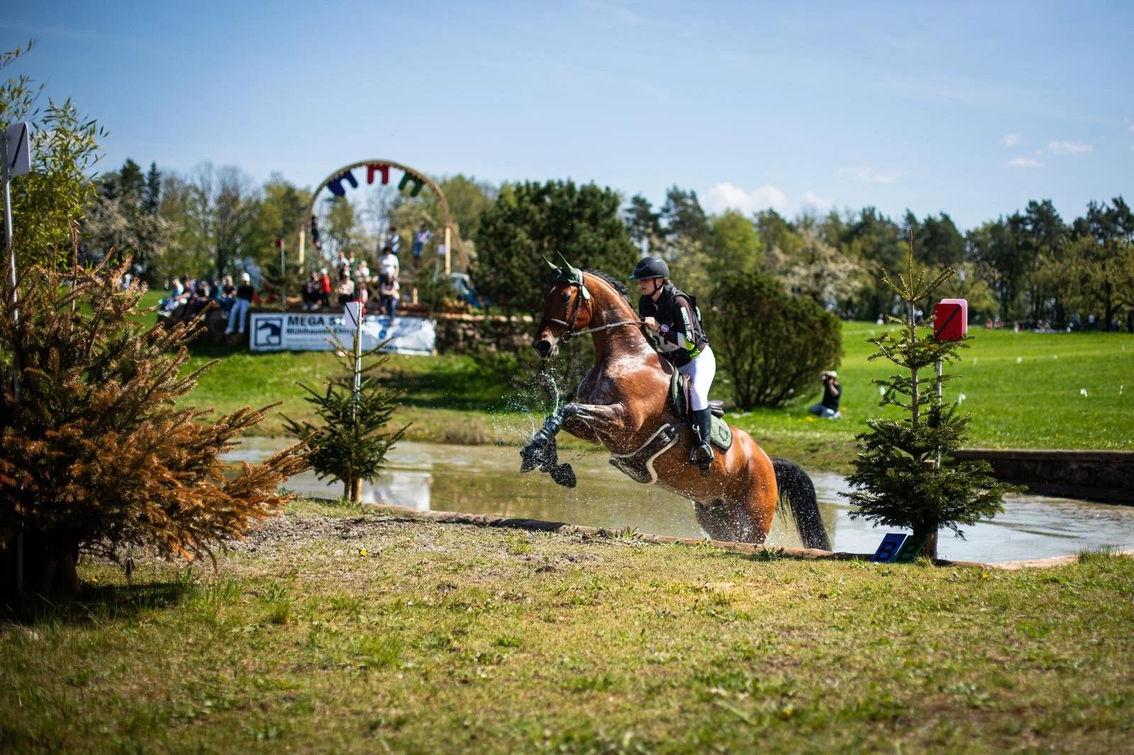 Un cavalier pro qui monte un cheval sautant un obstacle dans une compétition de concours complet ici sur un obstacle de cross. l'équipement du cheval vient de EponaStore de la marque Equestro et est accordé, sobre et uni. C'est beau.