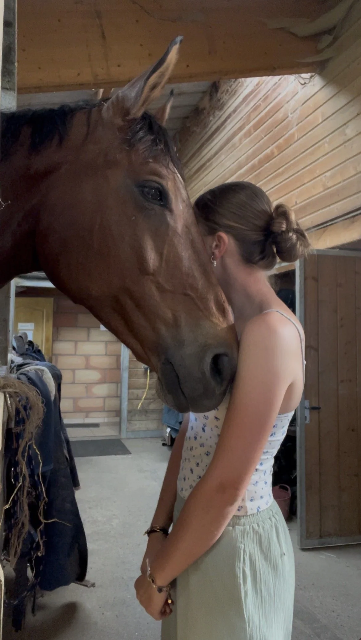 Une femme et un cheval au sein d'un pensionnat d'équitation, la femme a les cheveux attachés en chignon et porte une robe en coton. Le cheval est brun et a une crinière noire.