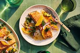 Salmon with citrus relish Tofu strips