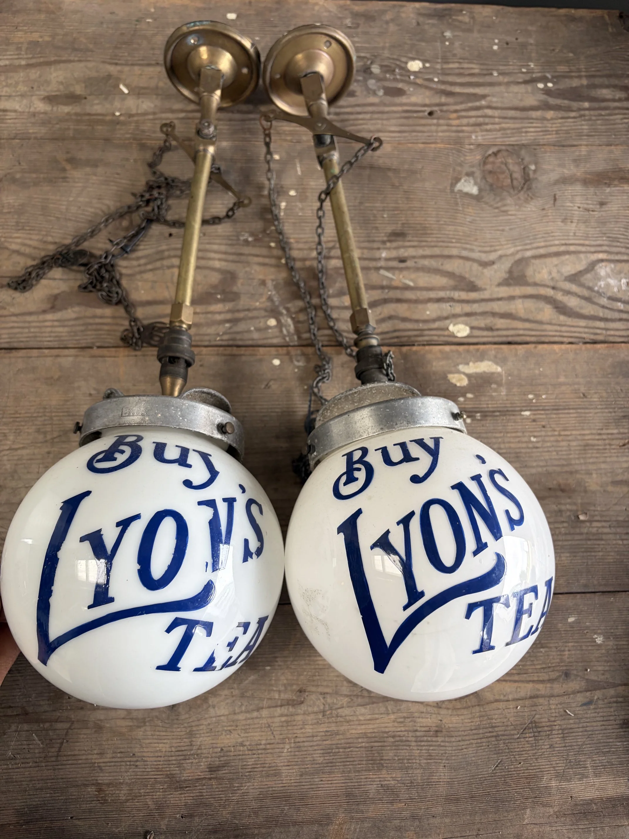 Rare Pair of Antique 'Buy Lyon's Tea' Opaline Glass Globe Pendant Lights 