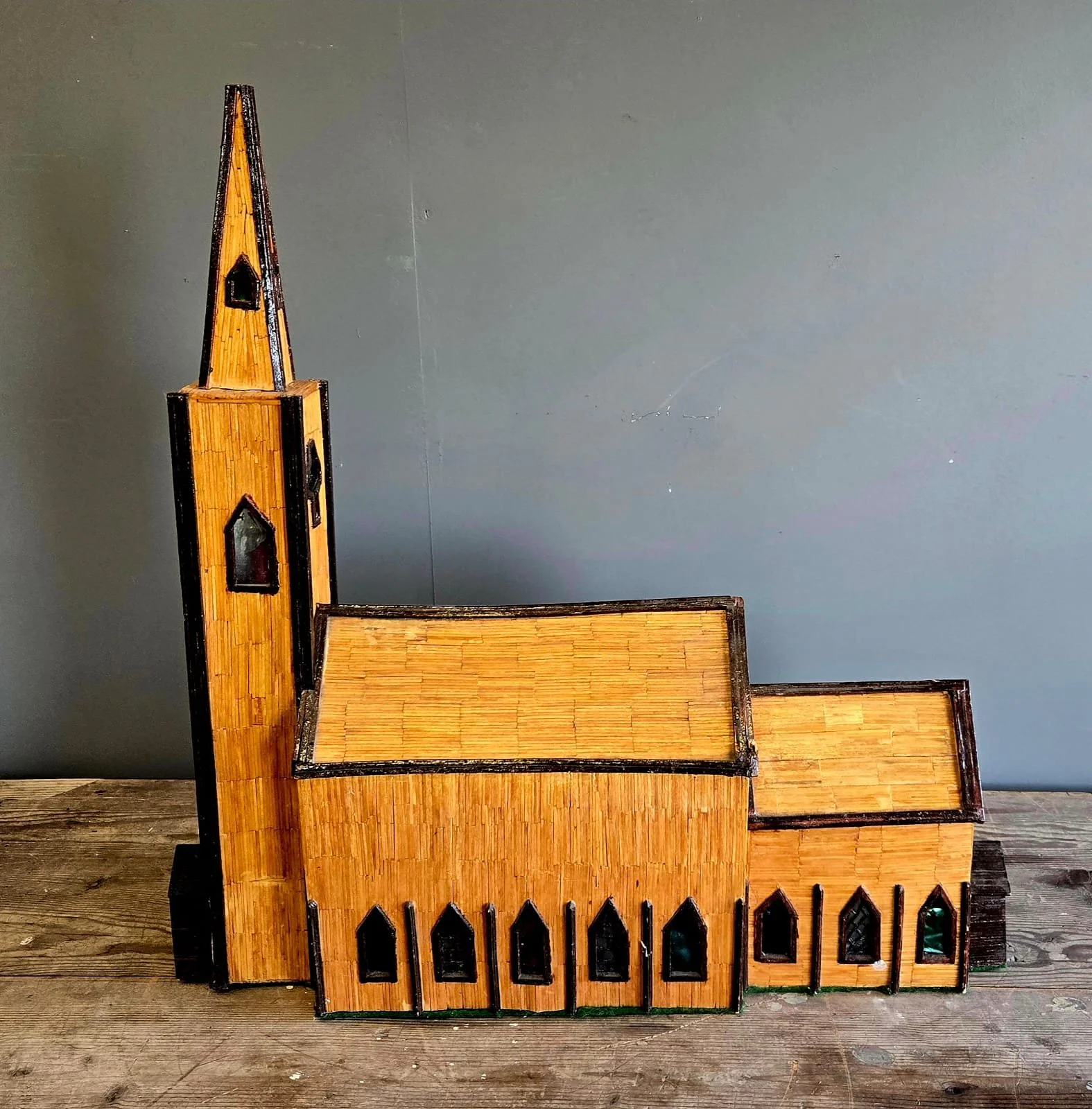 Folk Art Matchstick Church with Stained Glass Effect Windows
