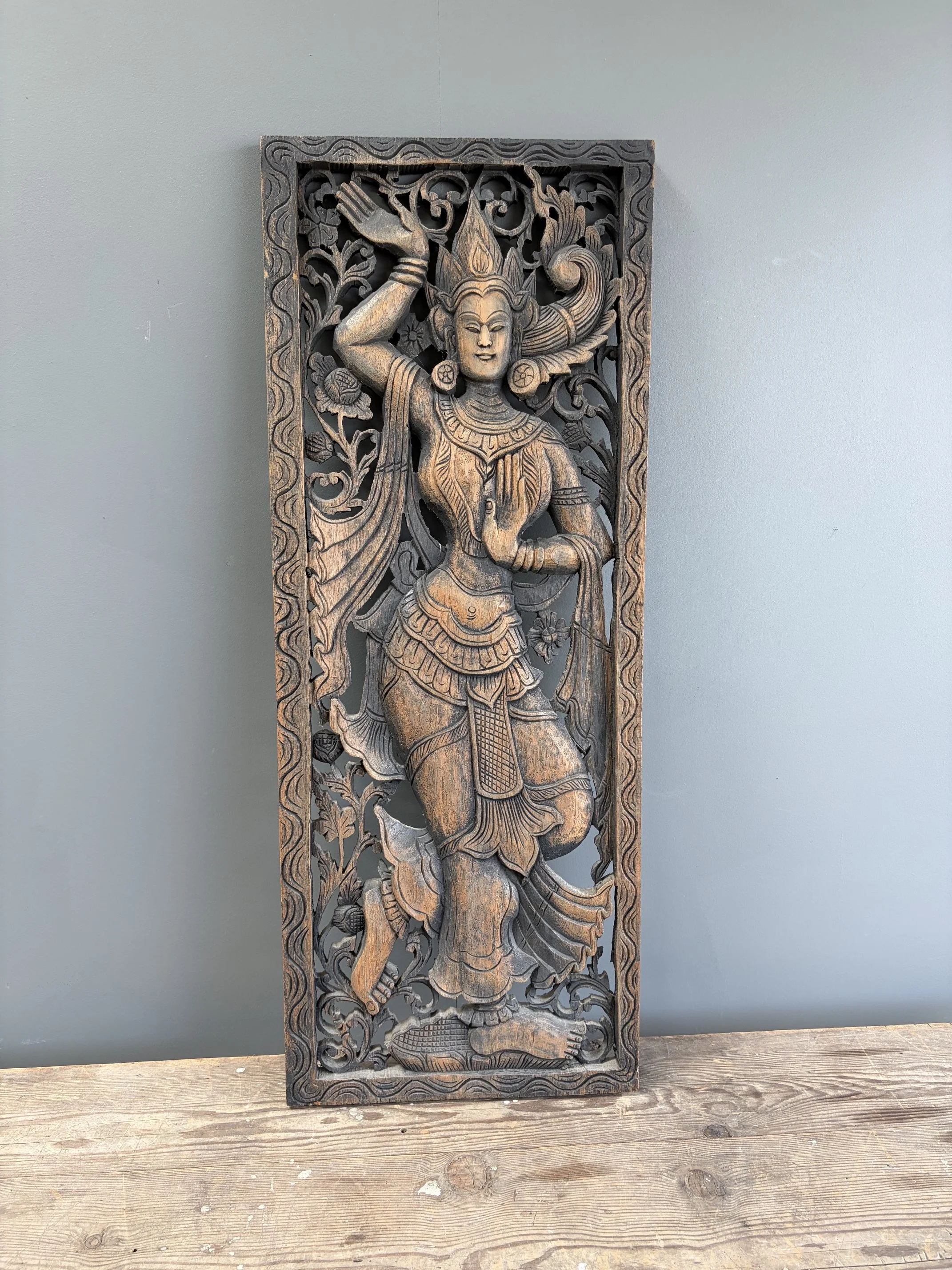 SOLD  - Vintage Hand Carved Balinese Apsara Wooden Wall Panel