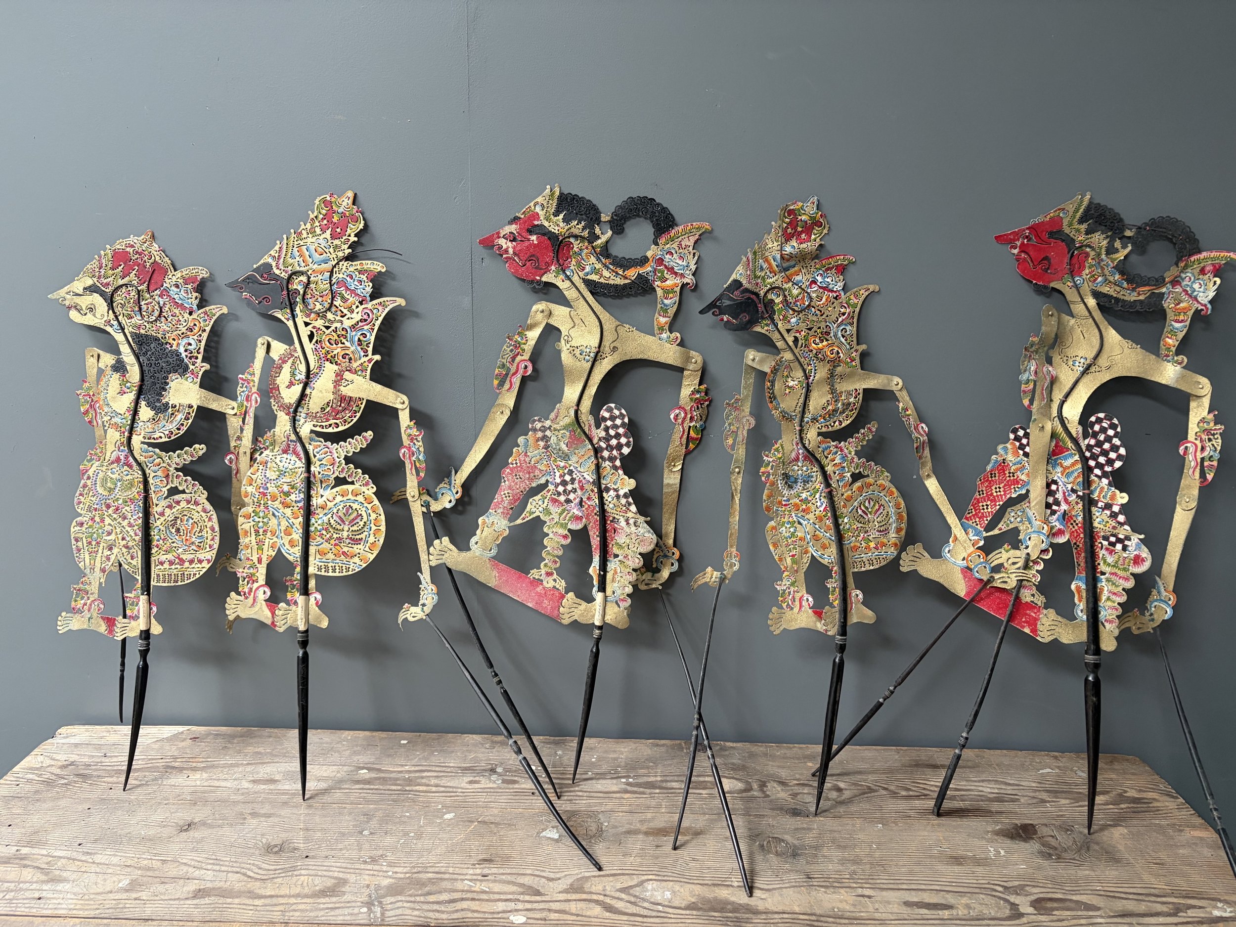 Stunning set of 5 traditional Indonesian Wayang Kulit (Shadow Puppets)